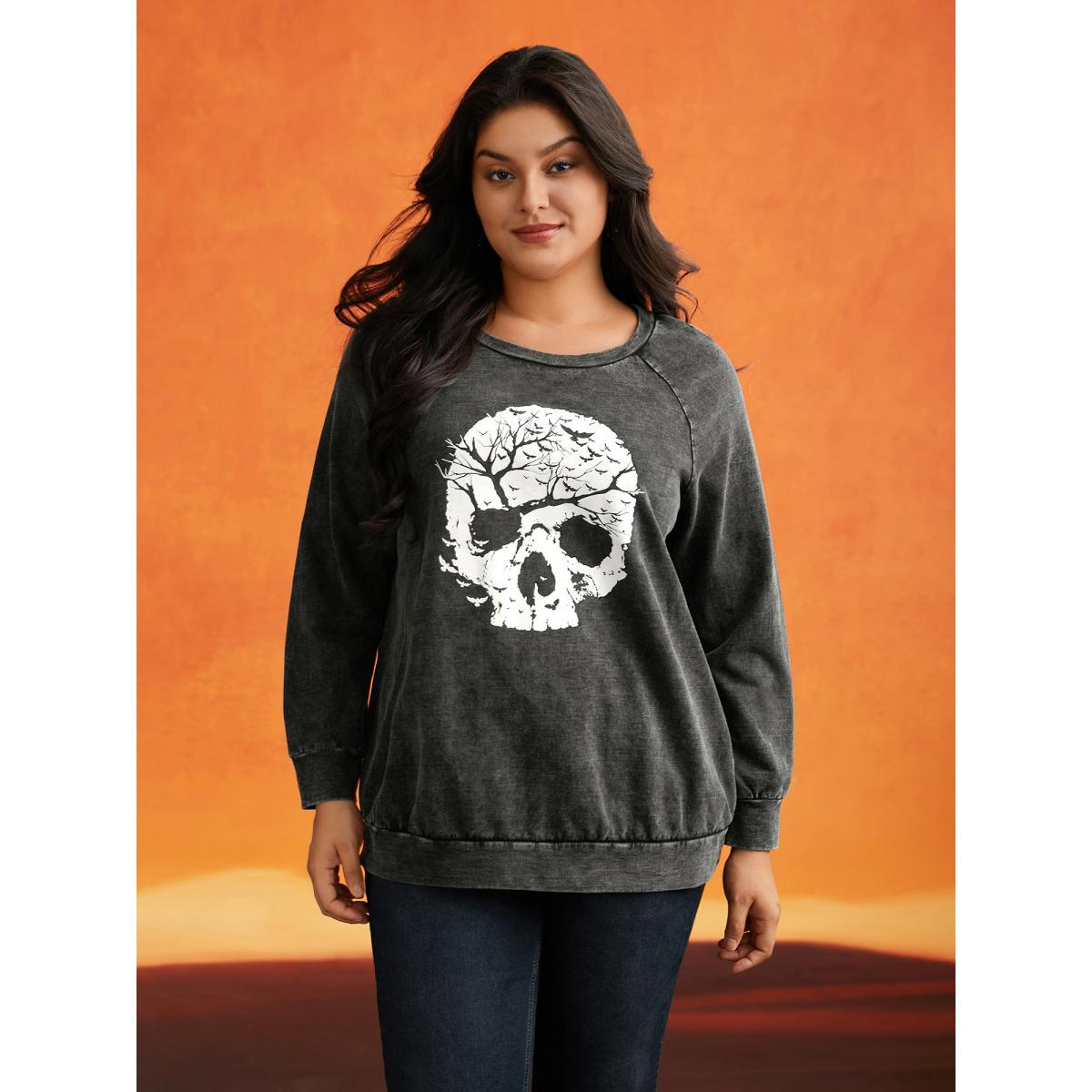 Plus Size Retro Wash Cotton Sweatshirt Women Black Leisure Non Round Neck Casual Sweatshirts BloomChic 28/5X Product Image