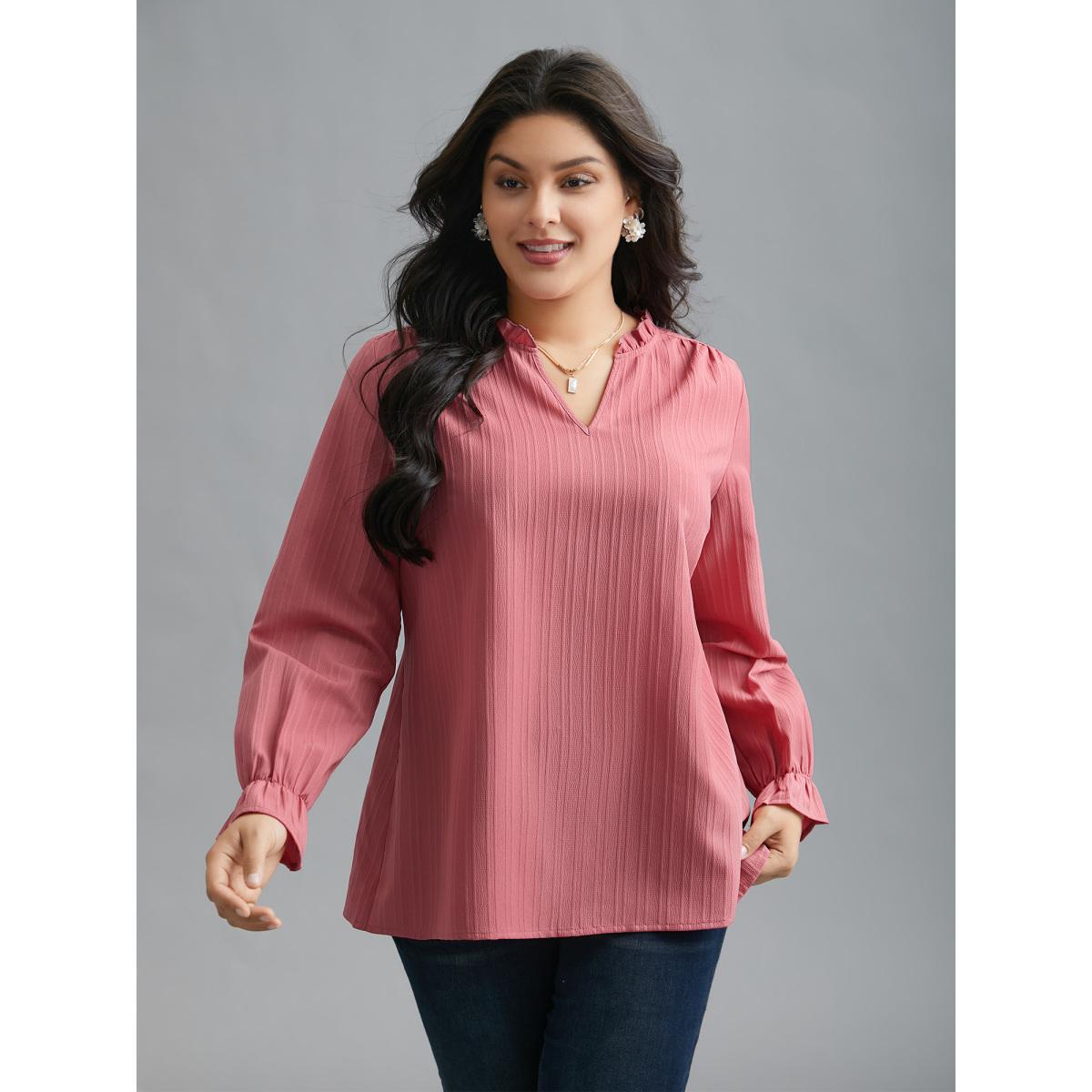 Plus Size DustyPink V Neck Frill Trim Textured Blouse Women Elegant Extra Long Sleeve V-neck Everyday Blouses BloomChic 30/6X Product Image