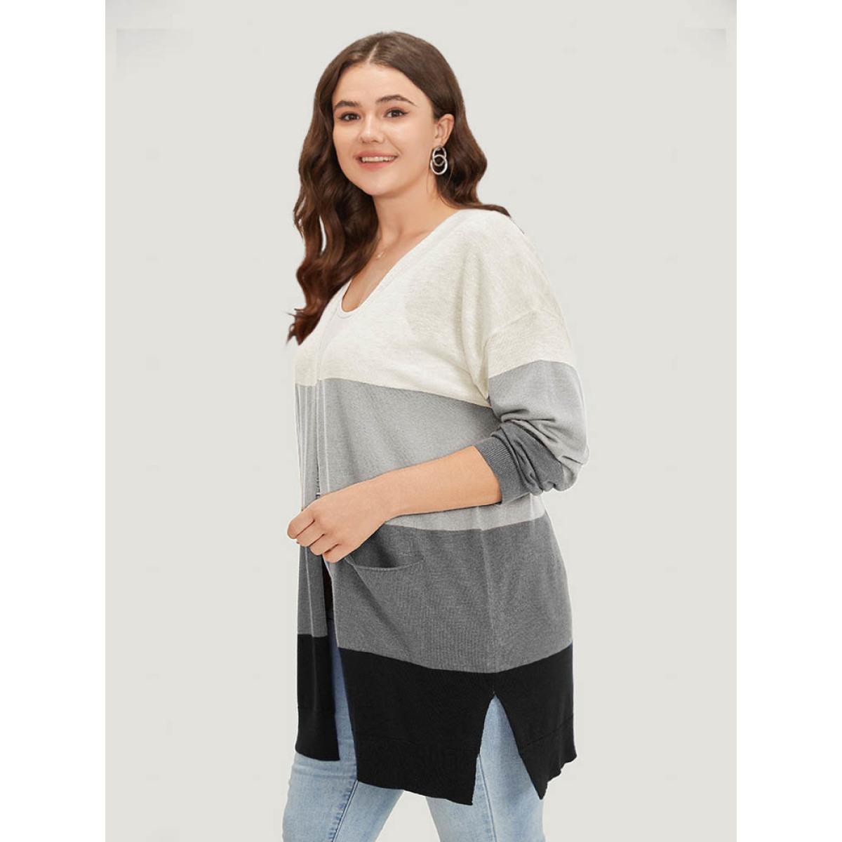 Plus Size Supersoft Essentials Colorblock Contrast Pocket Split Side Cardigan DarkGray Women Casual Loose Long Sleeve Everyday Cardigans BloomChic 28/5X Product Image