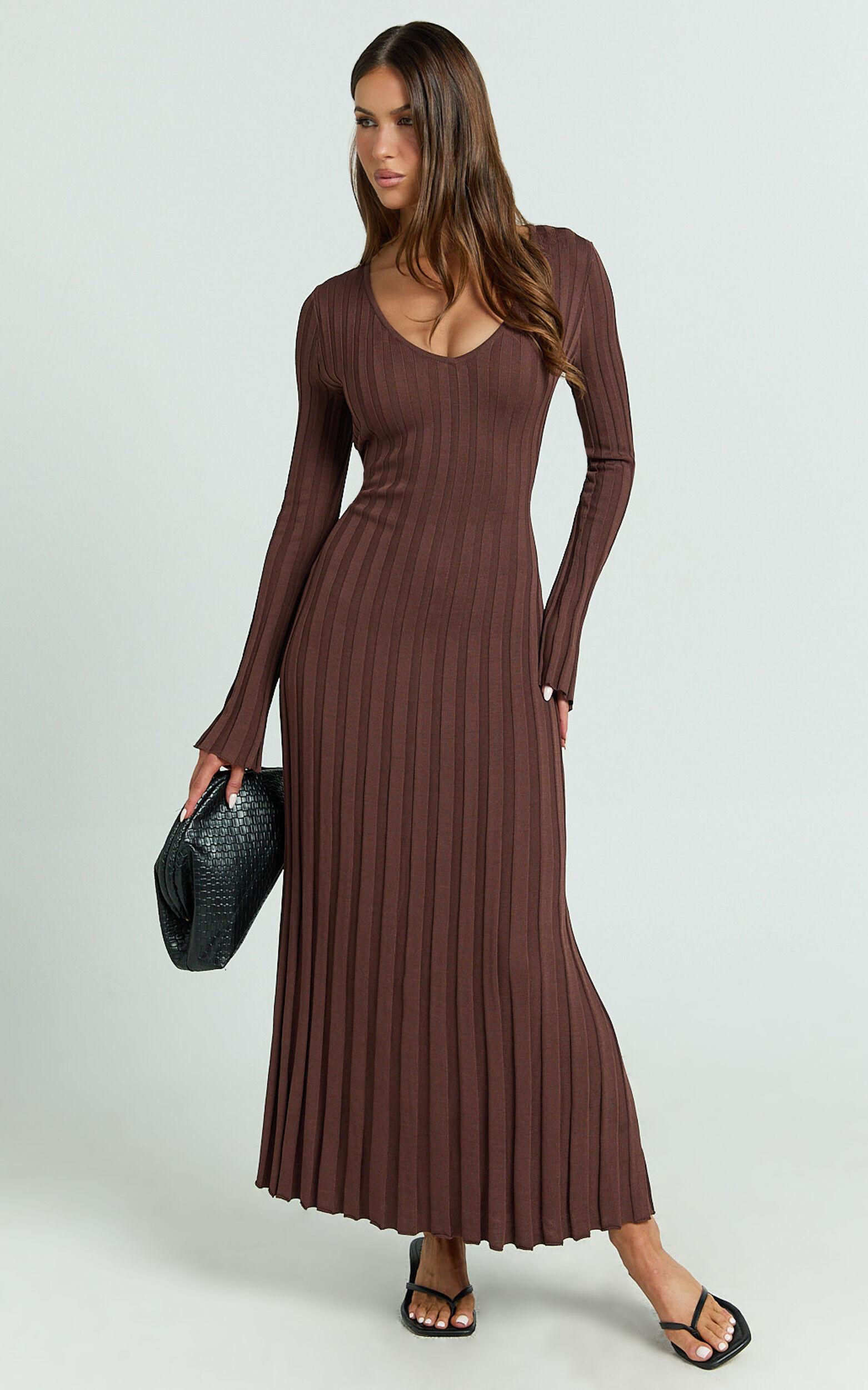 Astra Maxi Dress - V Neck Long Sleeve Knit Dress in Chocolate Product Image