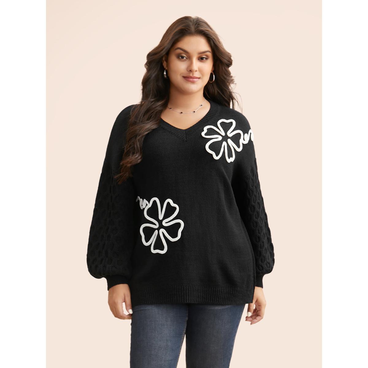 Plus Size Crochet Floral Texture V Neck Pullover Black Women Casual Loose Long Sleeve V-neck Everyday Pullovers BloomChic 10/M Product Image