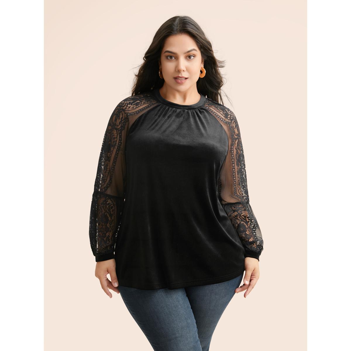 Plus Size Burgundy Lace Patchwork Velvet Raglan Sleeve Blouse Women Elegant Long Sleeve Stand-up collar Everyday Blouses BloomChic 10/M Product Image