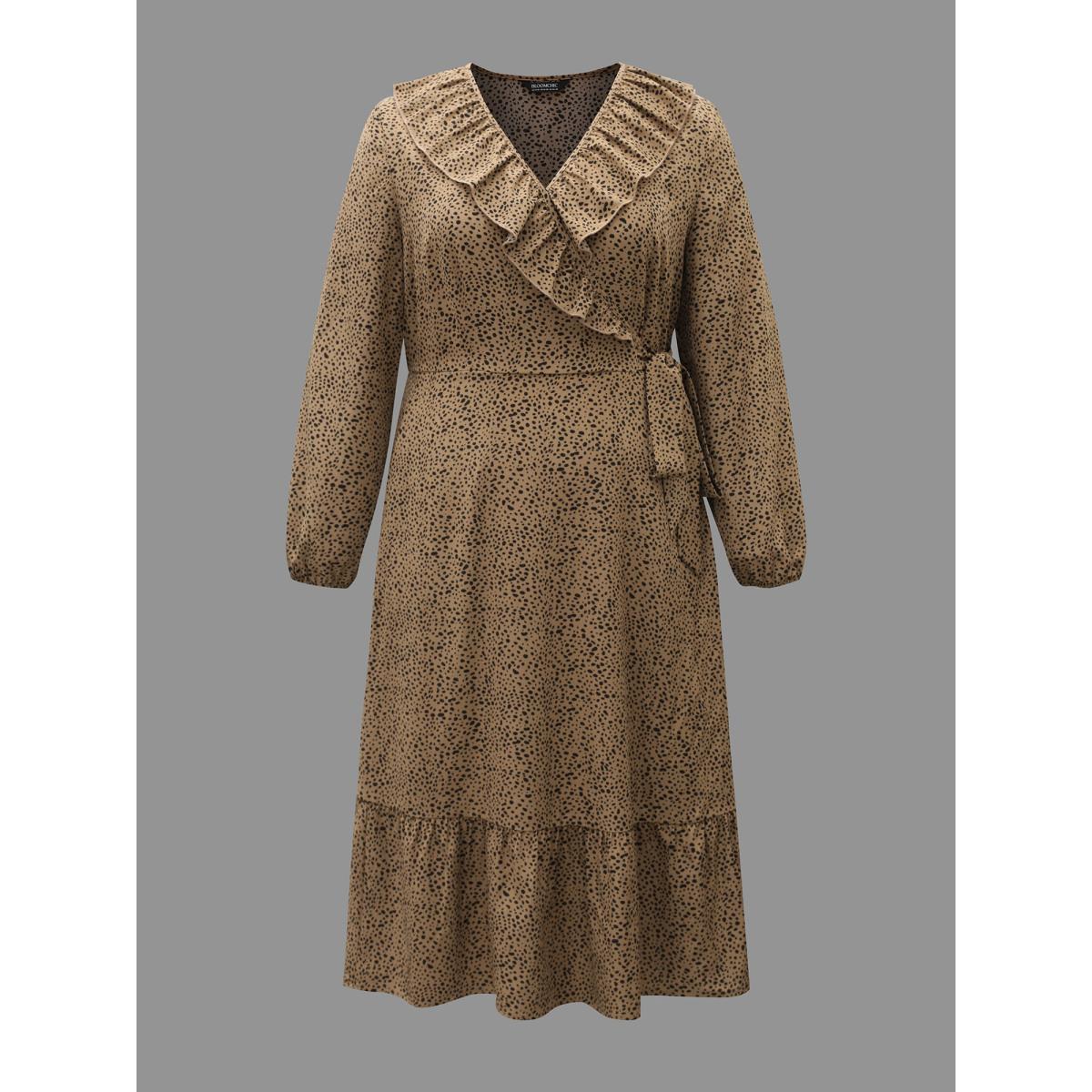 Plus Size Ruffled Neck Stretchy Waist Tiered Midi Dress Tan Women Elegant Tie knot Overlap Collar Long Sleeve Curvy BloomChic 22-24/3X Product Image