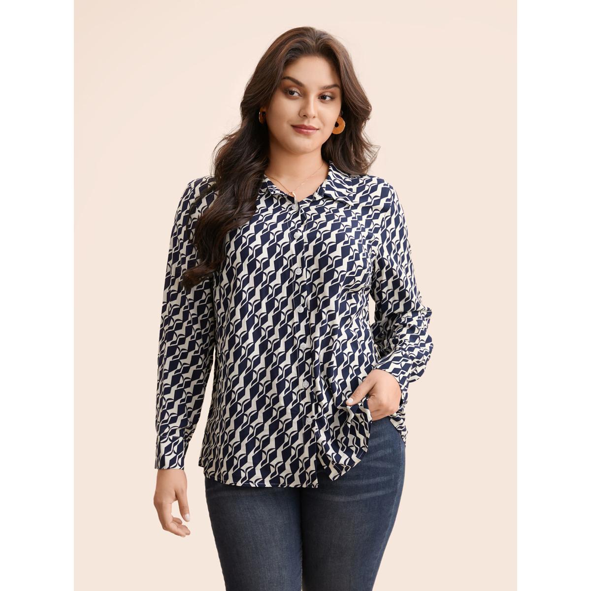 Plus Size Indigo Geometric Shirt Collar Pleated Blouse Women Elegant Long Sleeve Shirt collar Everyday Blouses BloomChic 30/6X Product Image