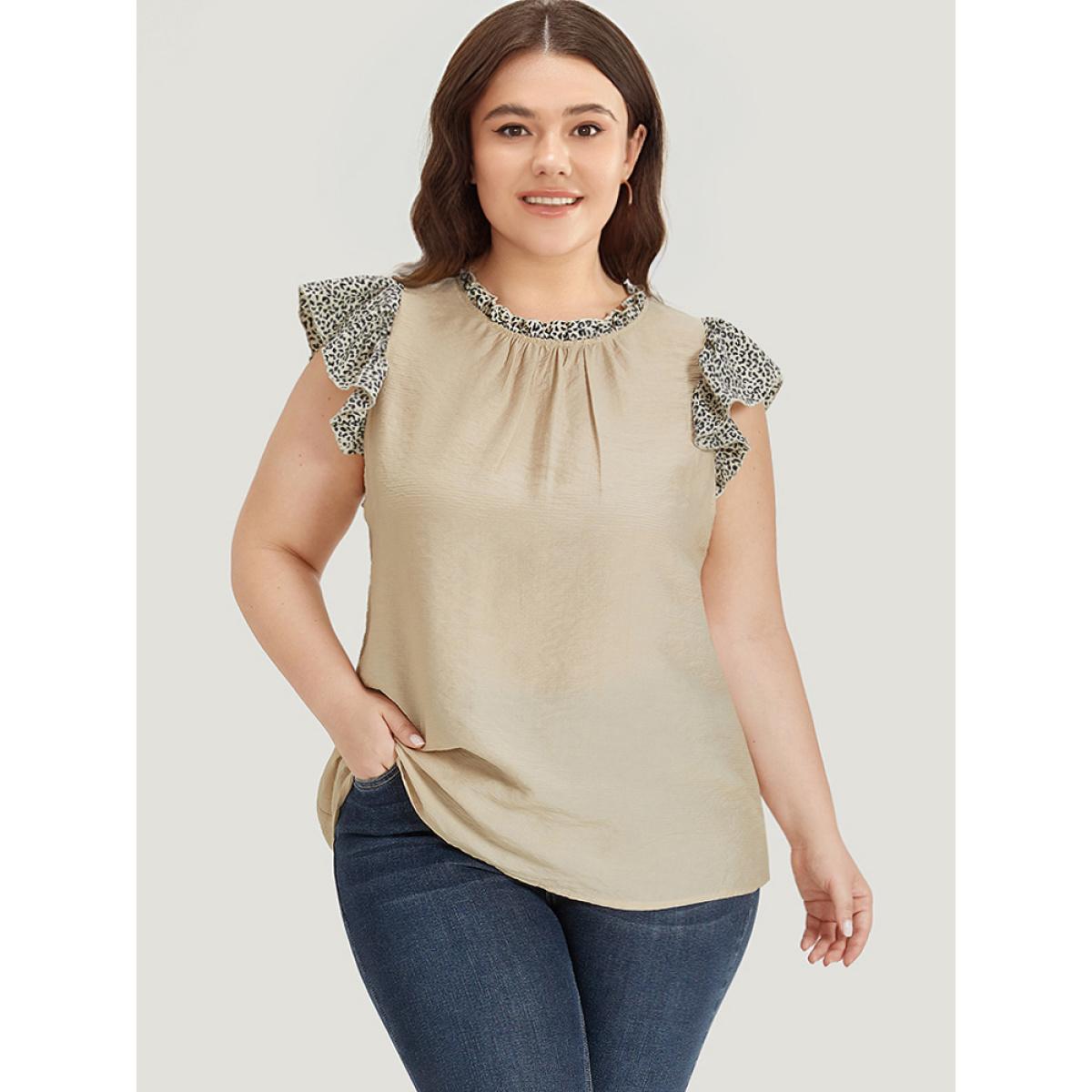 Plus Size Apricot Leopard Patchwork Halter Frill Trim Flutter Sleeve Blouse Women Elegant Cap Sleeve Halter neck Dailywear Blouses BloomChic 14-16/1X Product Image