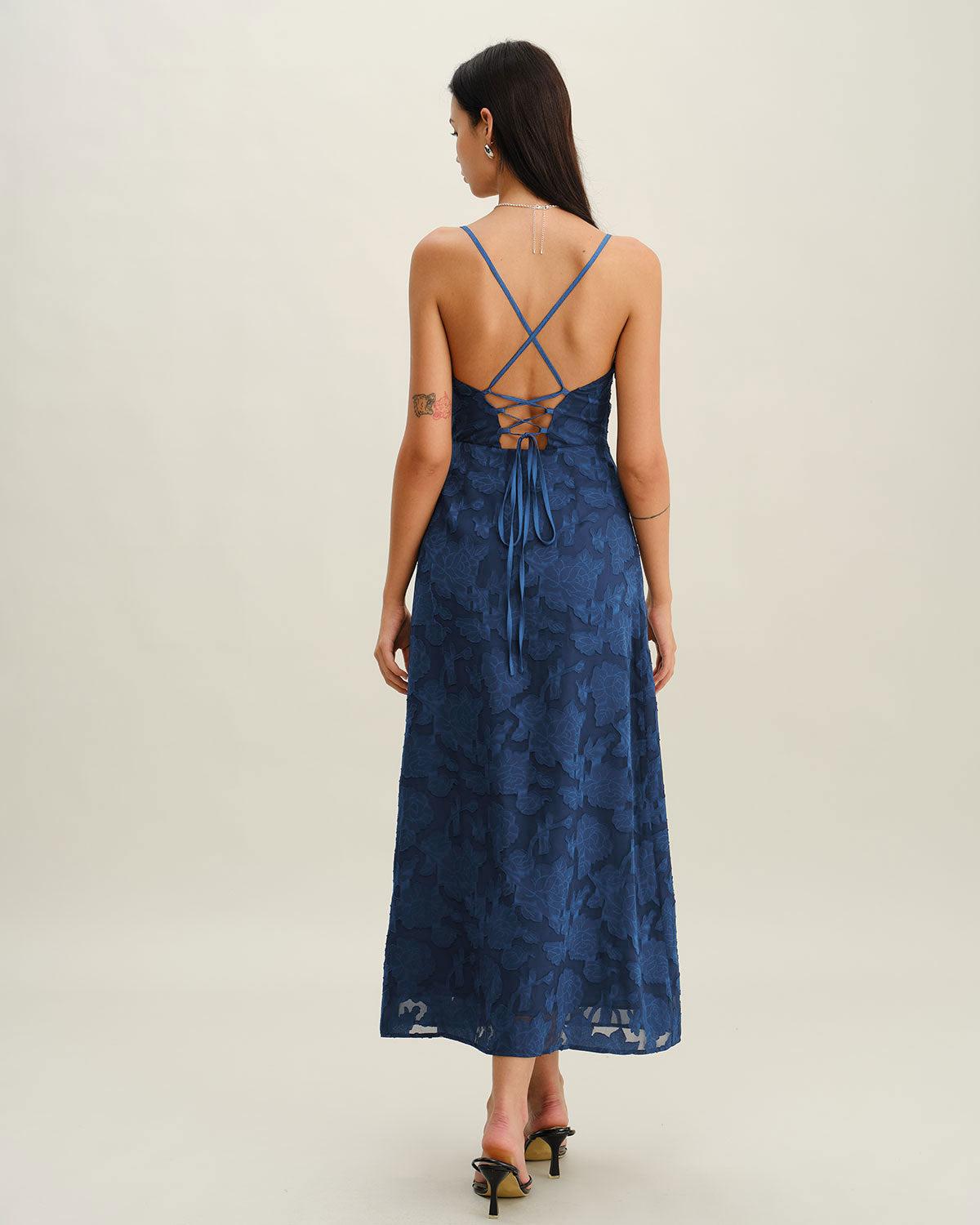 Navy Jacquard Slip Backless Maxi Dress Product Image