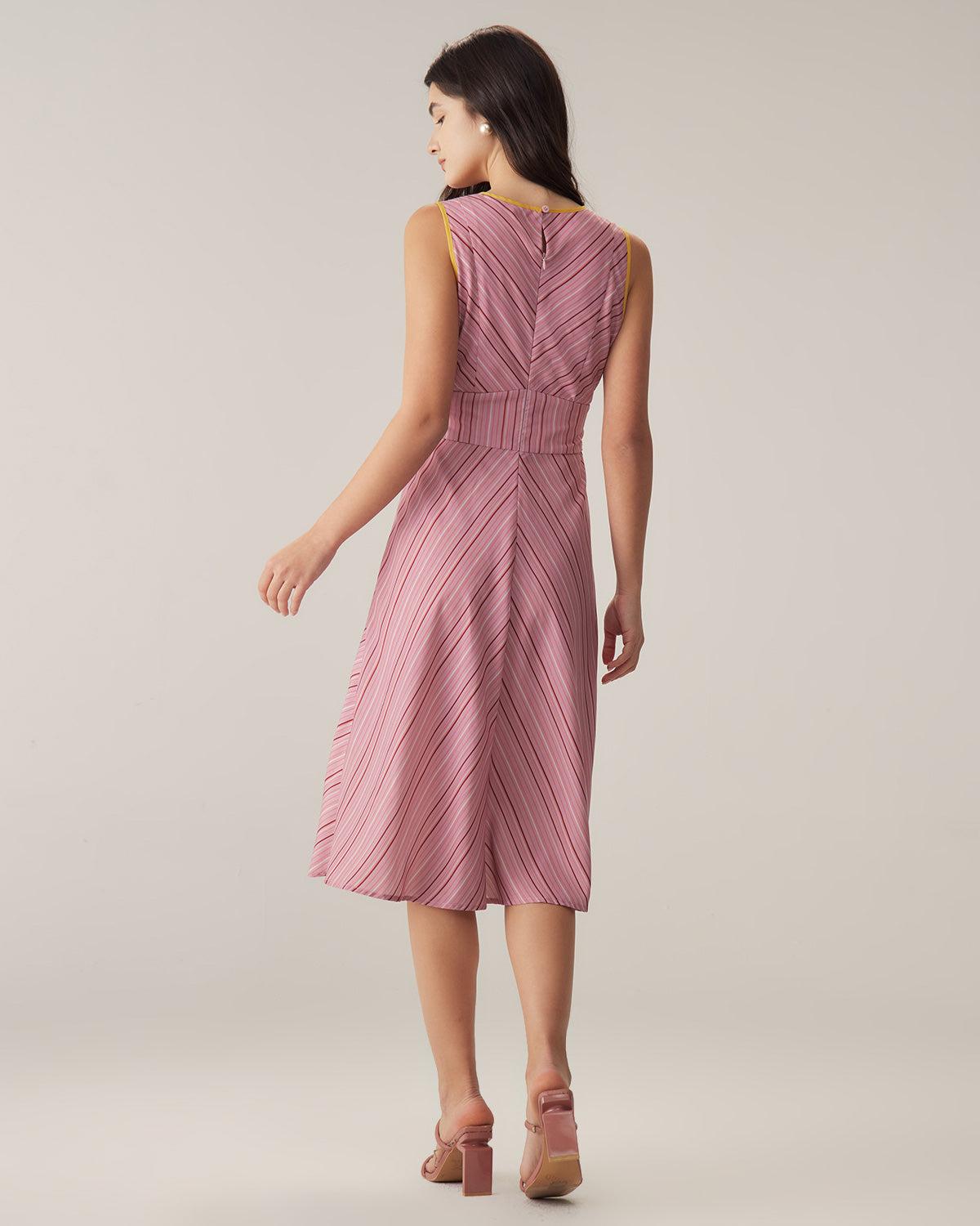 Pink Striped V Neck Sleeveless Midi Dresses Product Image