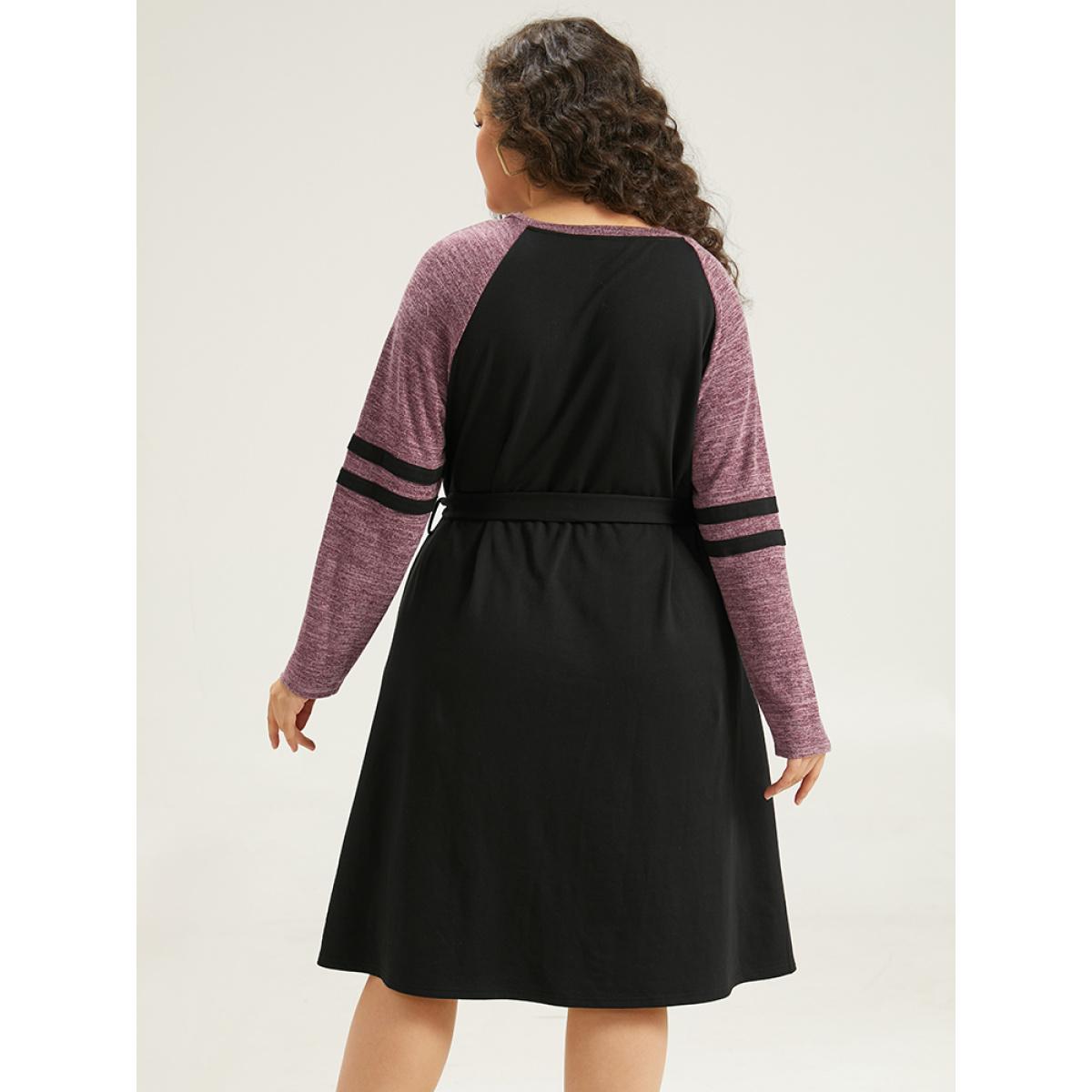 Plus Size Stitch Pocket Striped Patchwork Raglan Sleeve Belted Dress Black Women Casual Belted Round Neck Long Sleeve Curvy Midi Dress BloomChic 14-16/1X Product Image