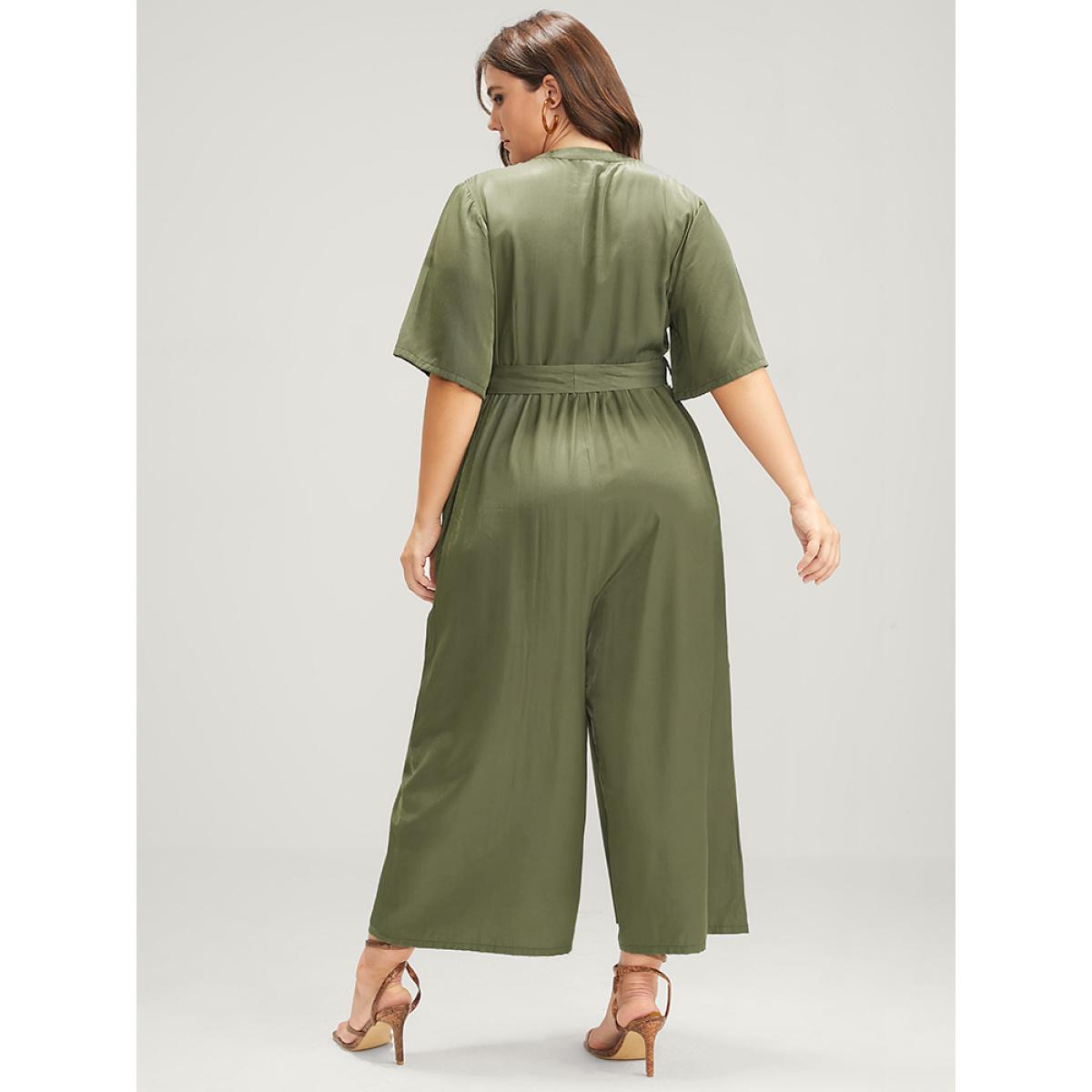 Plus Size ArmyGreen Solid Pocket Button Belted Jumpsuit Women Office Half Sleeve Stand-up collar Office Loose Jumpsuits BloomChic 12/L Product Image