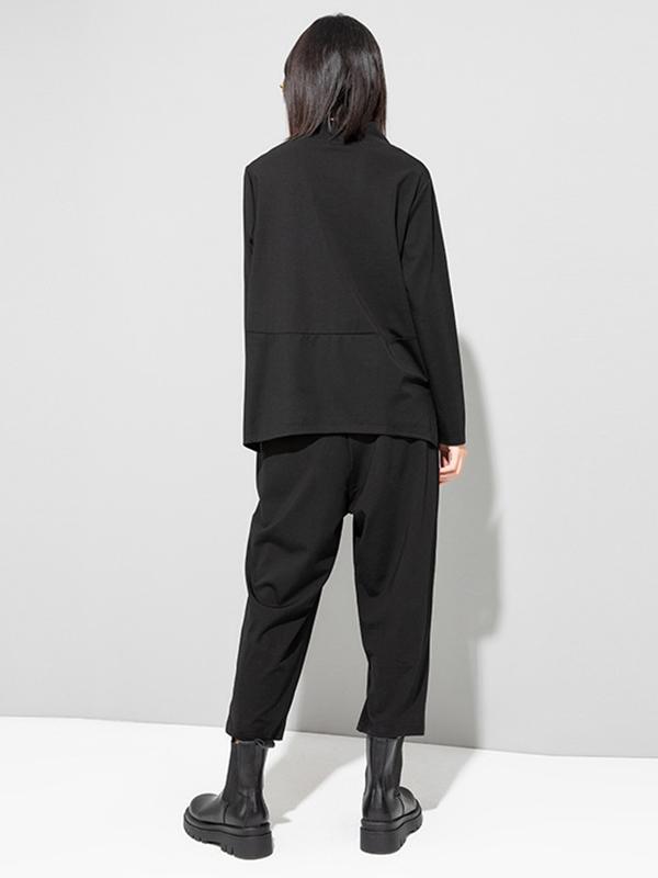 Casual Loose Long Sleeves Split-Joint Solid Color Stand Collar T-Shirts Tops Product Image