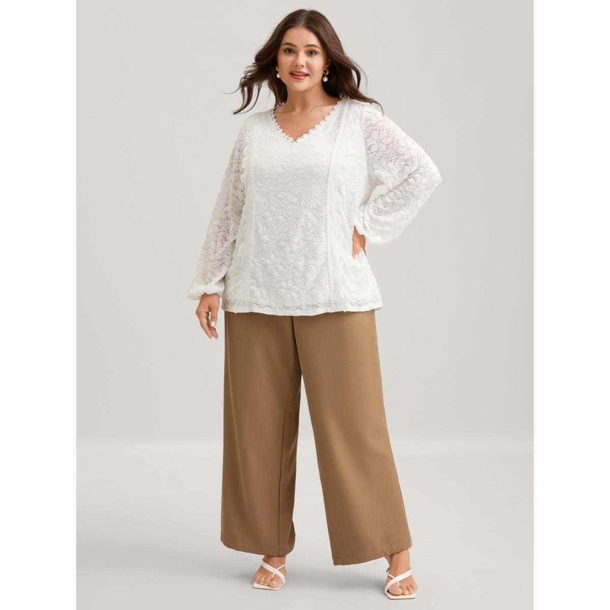 Plus Size WhiteSmoke Stretchy Floral Lace V-Neck Blouse Women Extra Long Sleeve V-neck Elegant Blouses BloomChic 22-24/3X Product Image