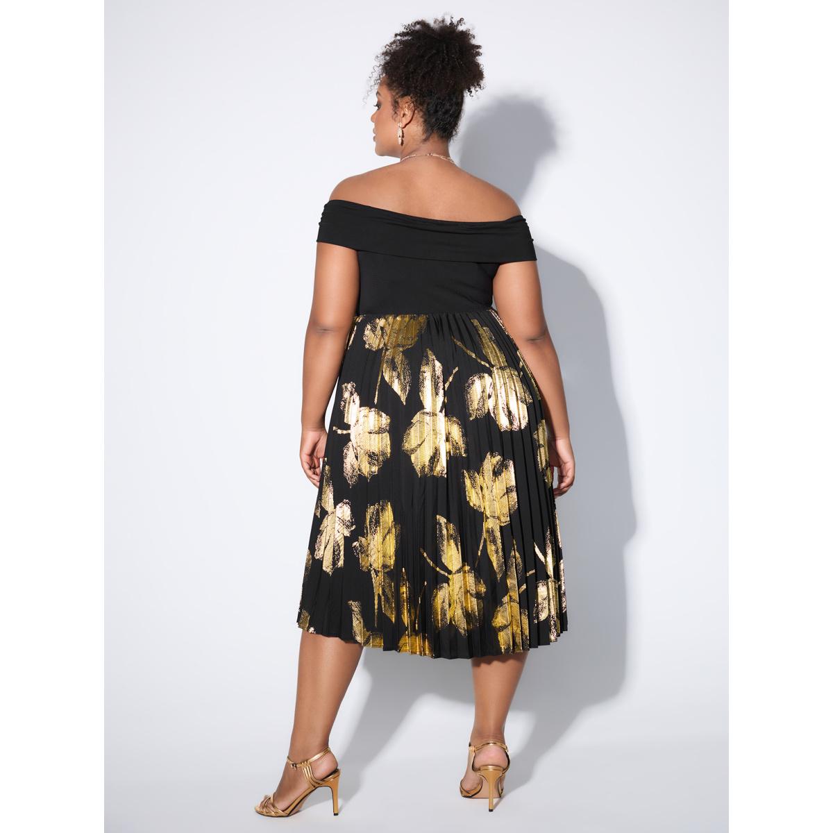 Plus Size Leaf Print Pleated Off-Shoulder Midi Dress Black Women Formal Non Long Sleeve Curvy BloomChic 18-20/2X Product Image