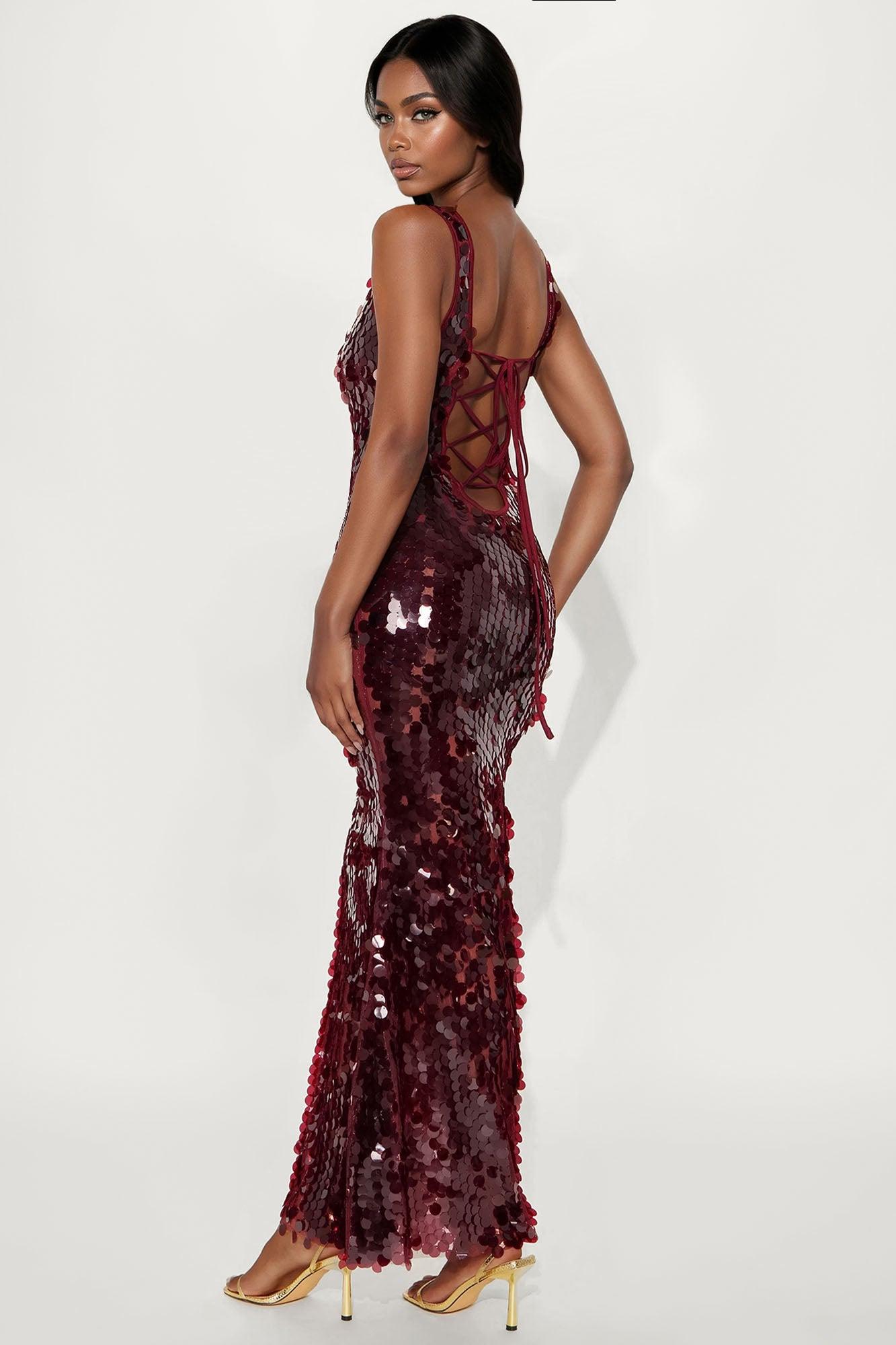 Gabby Backless Sequin Maxi Dress - Burgundy Female Product Image