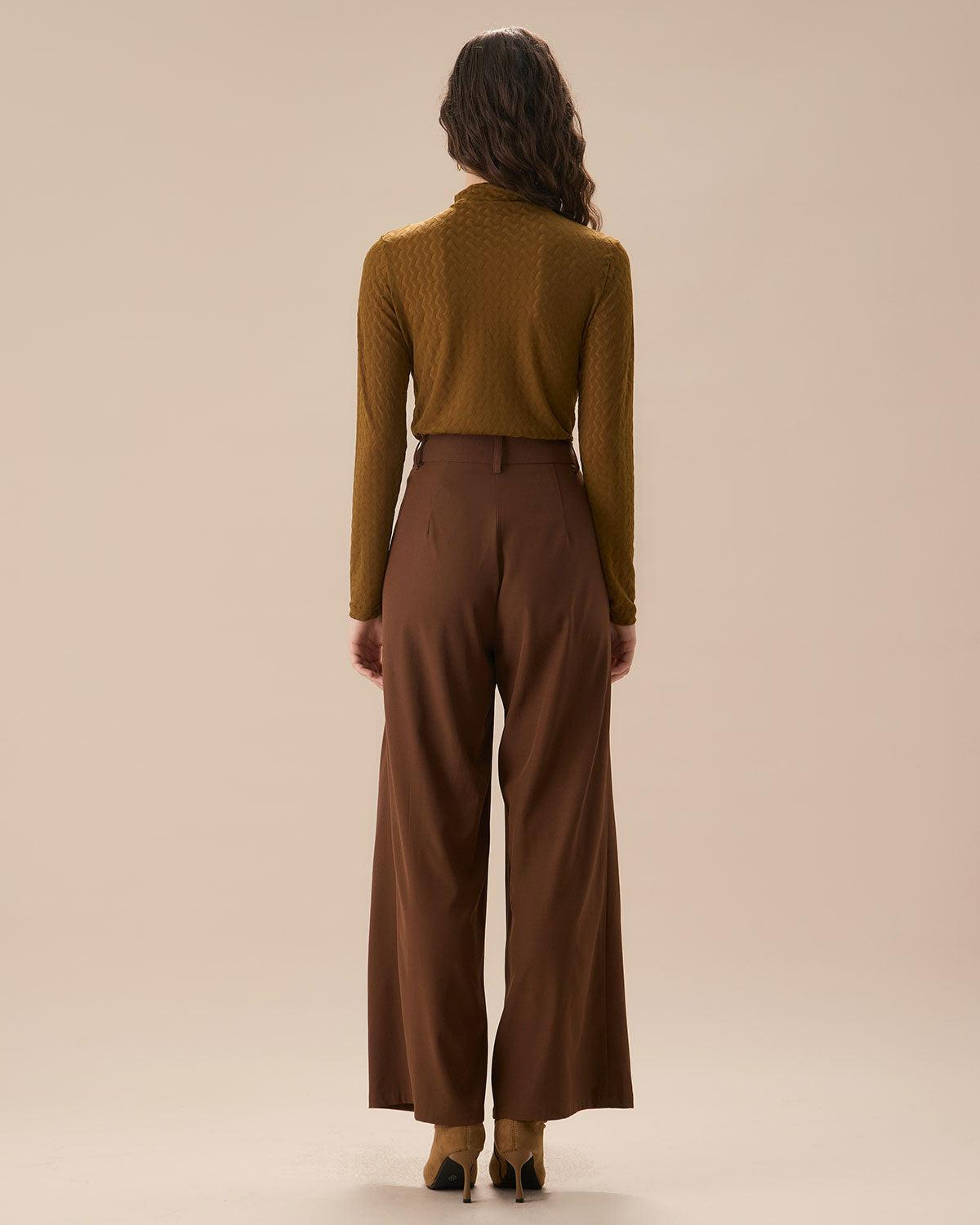 Brown High Waisted Pockets Straight Pants Product Image