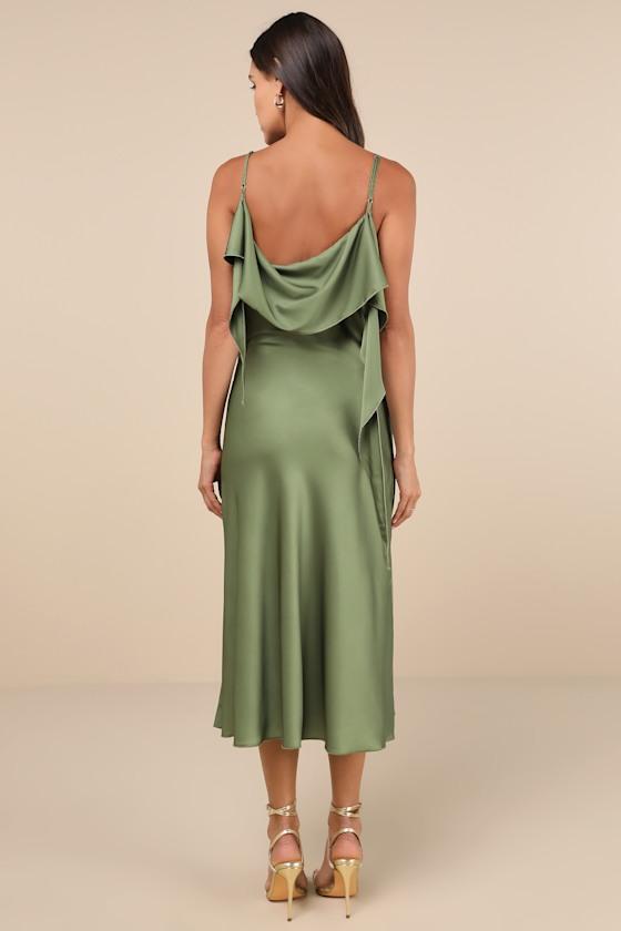 Thistle Green Multi Satin Cowl Neck Midi Dress Product Image