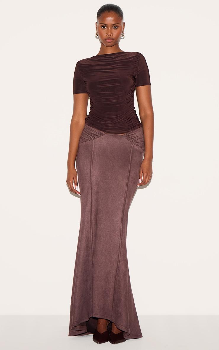 Chocolate Faux Suede Ruching Waist Detail Maxi Skirt Product Image
