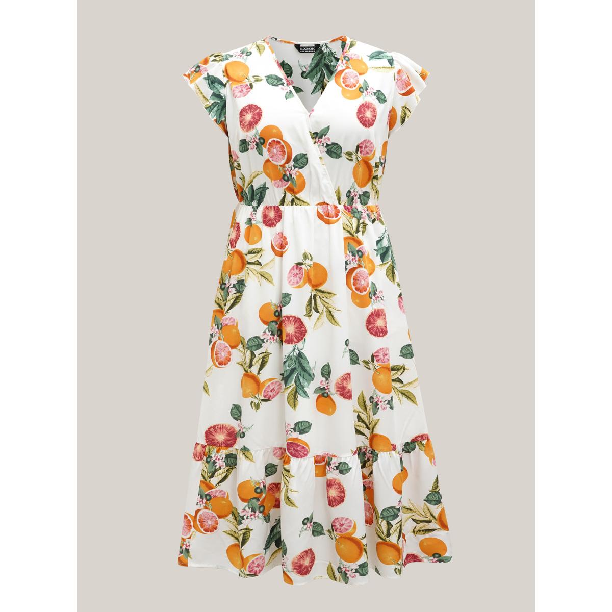 Plus Size Spring Fruits Wrap Neck Midi Dress Ivory Women Elegant Ruffles Overlap Collar Cap Sleeve Curvy BloomChic 28/5X Product Image