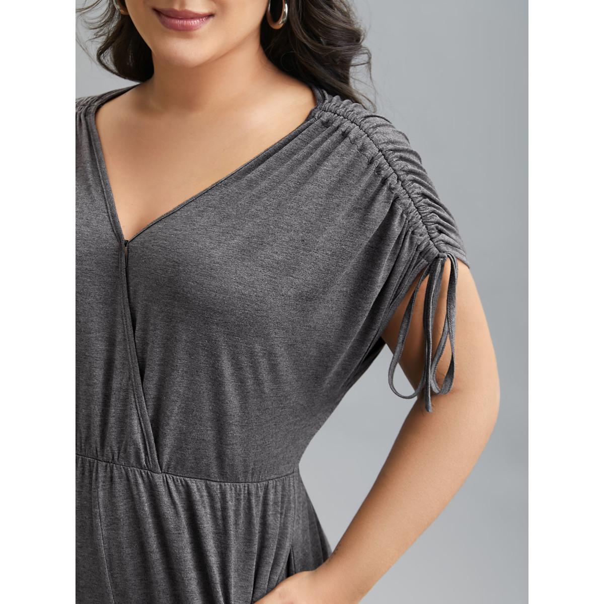 Plus Size DimGray Surplice Neck Drawstring Stretch Jumpsuit Women Casual Short sleeve Overlap Collar Everyday Loose Jumpsuits BloomChic 14-16/1X Product Image