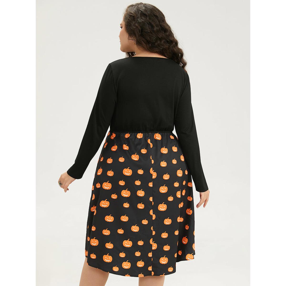 Plus Size Halloween Pumpkin Print Patchwork Keyhole Pocket Dress Black Women Office Printed Keyhole Cut-Out Long Sleeve Curvy Midi Dress BloomChic 10/M Product Image