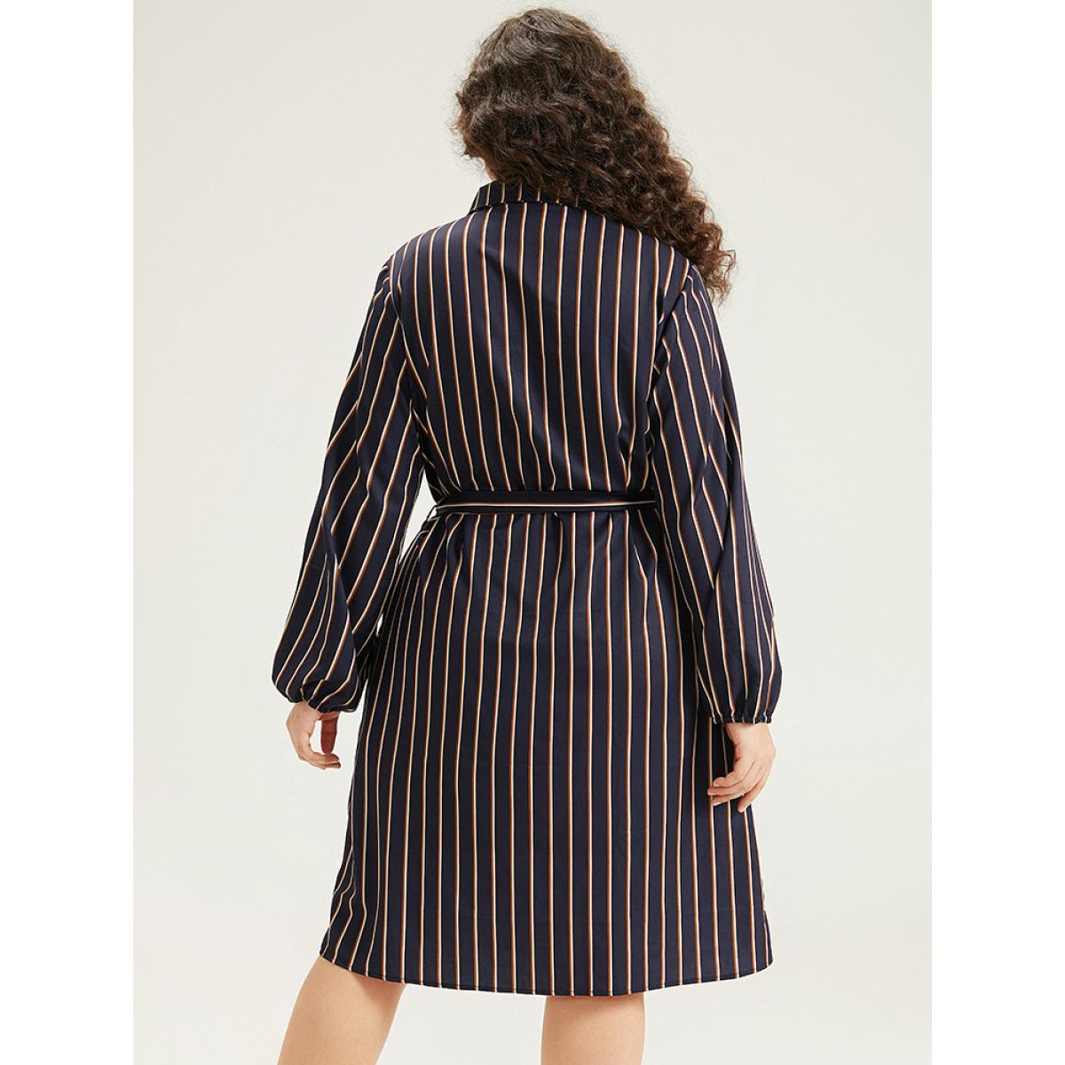 Plus Size Striped Belted Lantern Sleeve Button Through Dress Indigo Women At the Office Belted Shirt collar Long Sleeve Curvy Midi Dress BloomChic 18-20/2X Product Image