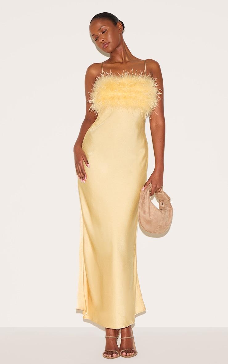 Lemon Satin Feather Bust Detail Strappy Maxi Dress Product Image
