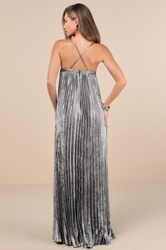 Brilliant Allure Silver Metallic Lurex Pleated Maxi Dress Product Image
