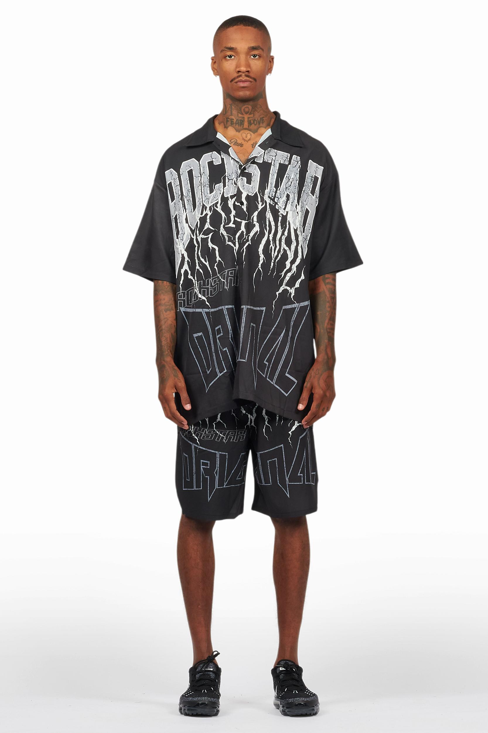 Hustle Black Button Down Short Set Male Product Image