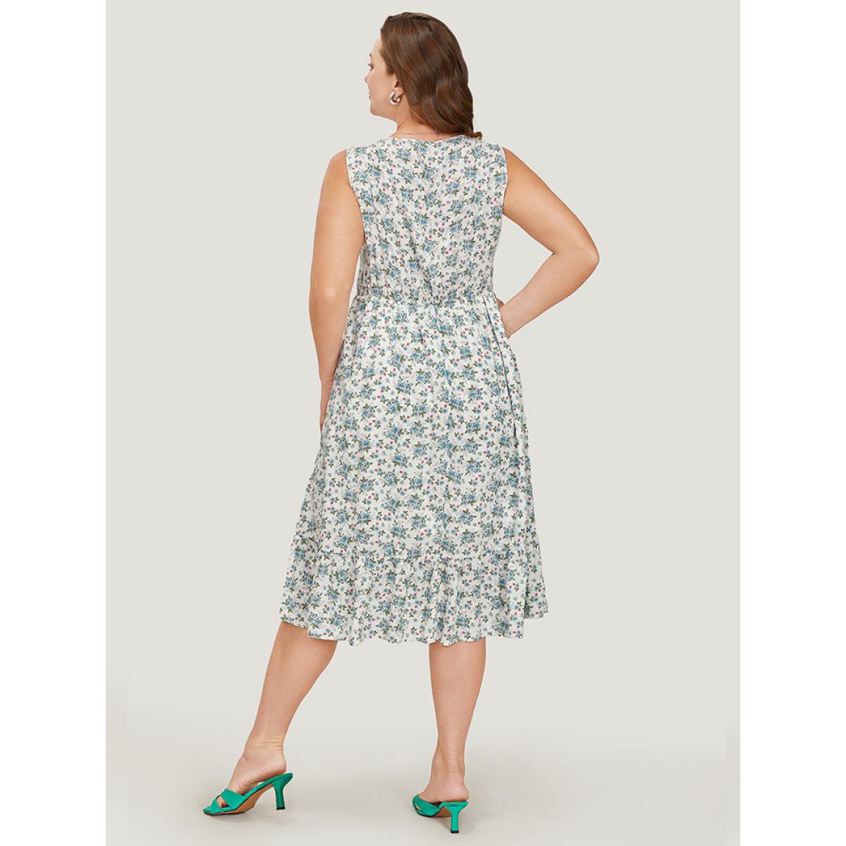 Plus Size Ditsy Floral Ruffles Pocket Empire Waist Crochet Lace Tank Dress WhiteSmoke Women Elegant Gathered V-neck Sleeveless Curvy Midi Dress BloomChic 14-16/1X Product Image