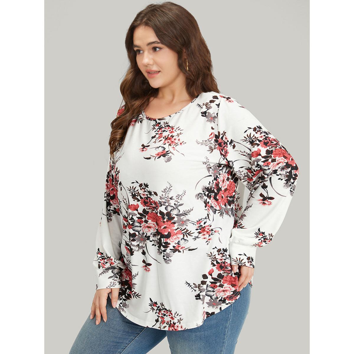 Plus Size Floral Print Crew Neck Crisscross Sweatshirt Women White Elegant Elastic cuffs Round Neck Dailywear Sweatshirts BloomChic 14-16/1X Product Image