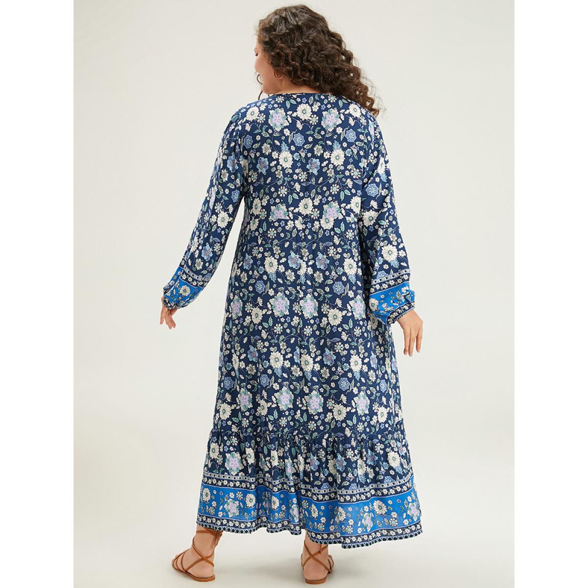 Plus Size Floral Print Pocket Knot Neck Dress Indigo Women Vacation Cross straps Tie Neck Long Sleeve Curvy Midi Dress BloomChic 26/4X Product Image