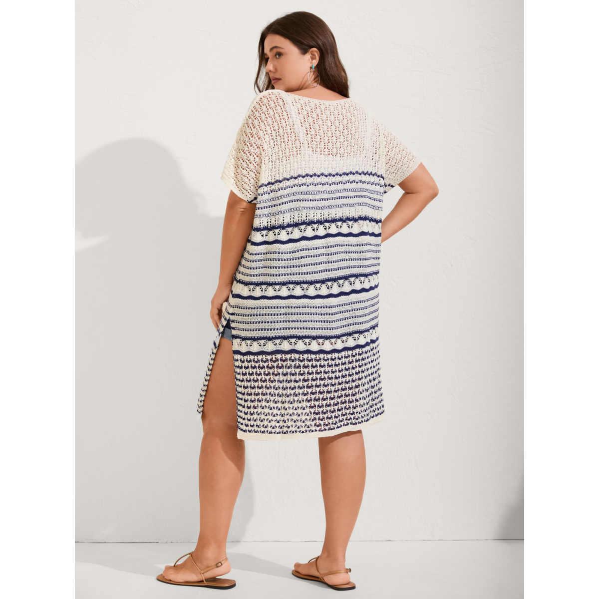 Plus Size Stripes Crochet V-Neck Swim Cover-Up Women's Swimwear Indigo Resort Loose Texture Curve Swim Cover Ups BloomChic 18-20/2X Product Image