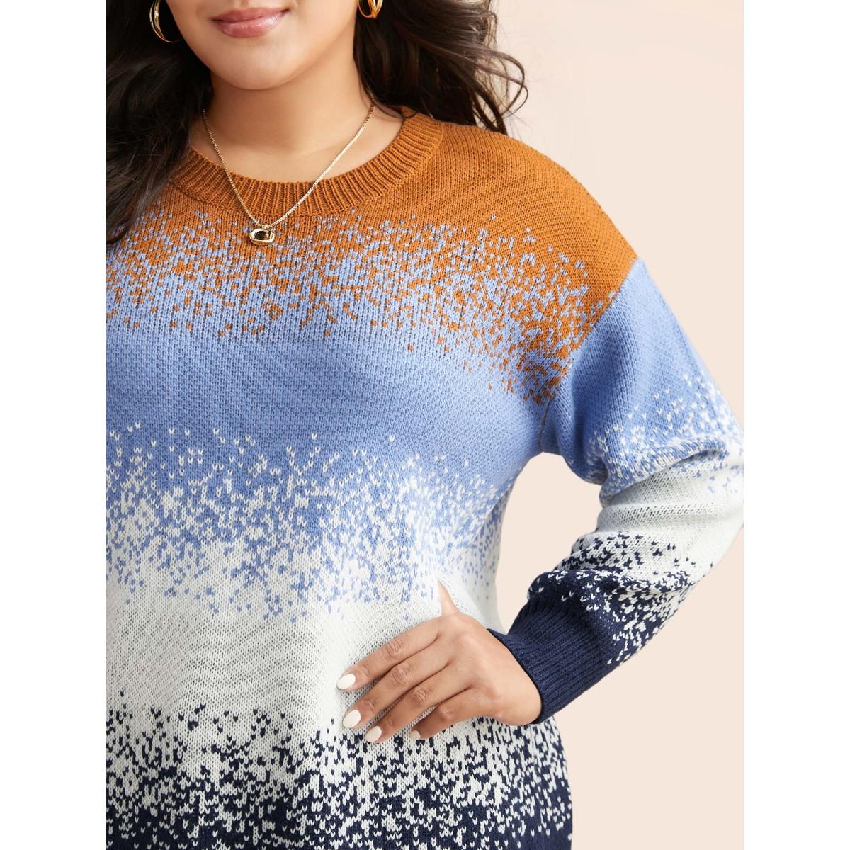 Plus Size Gradient Dyeing Contrast Drop Shoulder Pullover Indigo Women Casual Loose Long Sleeve Round Neck Everyday Pullovers BloomChic 26/4X Product Image