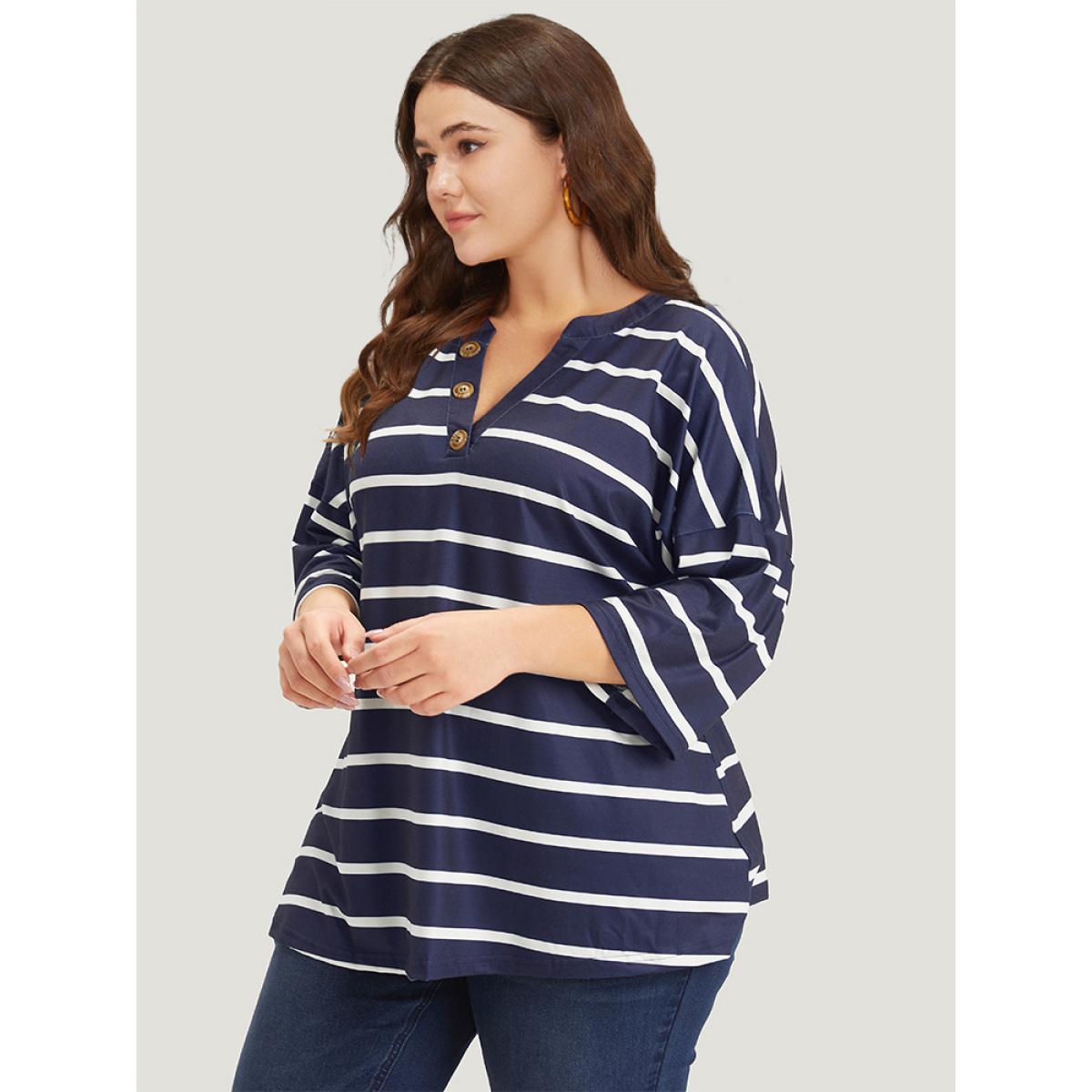 Plus Size Striped Print Button Detail Notched T-shirt Blue Women Casual Button Striped Notched collar Dailywear T-shirts BloomChic 10/M Product Image