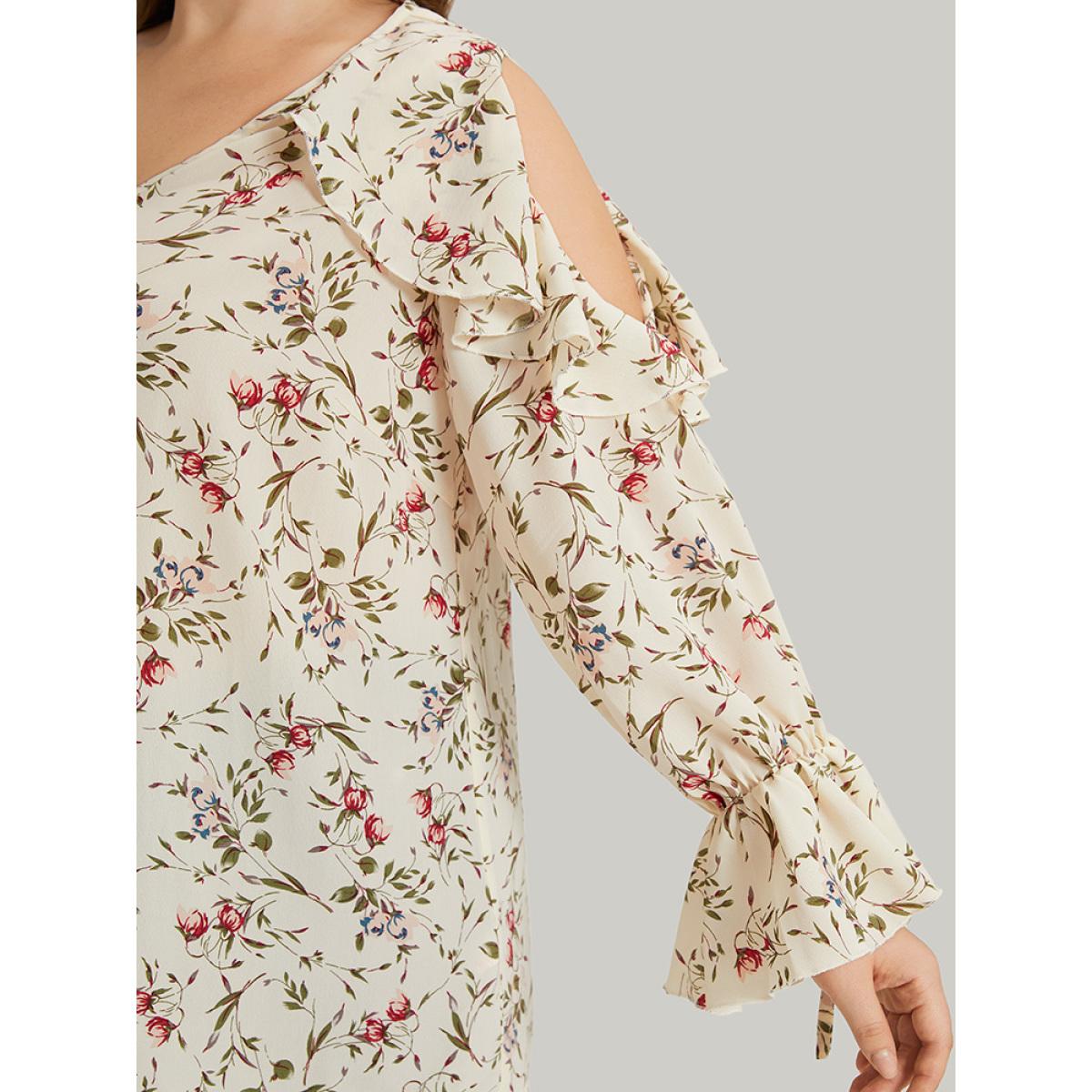 Plus Size Ivory Ditsy Floral Cold Shoulder Ties Ruffle Trim Blouse Women Elegant Long Sleeve V-neck Dailywear Blouses BloomChic 26/4X Product Image