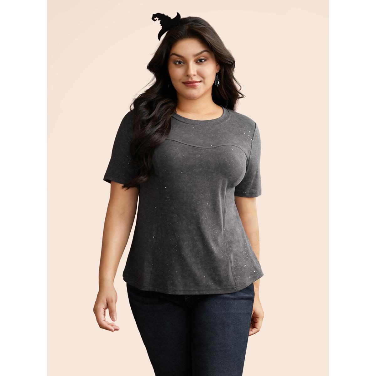 Plus Size Gleaming Textured Sequin Slim-Fit T-shirt Acidwashblack Women Casual Non Round Neck Everyday T-shirts BloomChic 14-16/1X Product Image