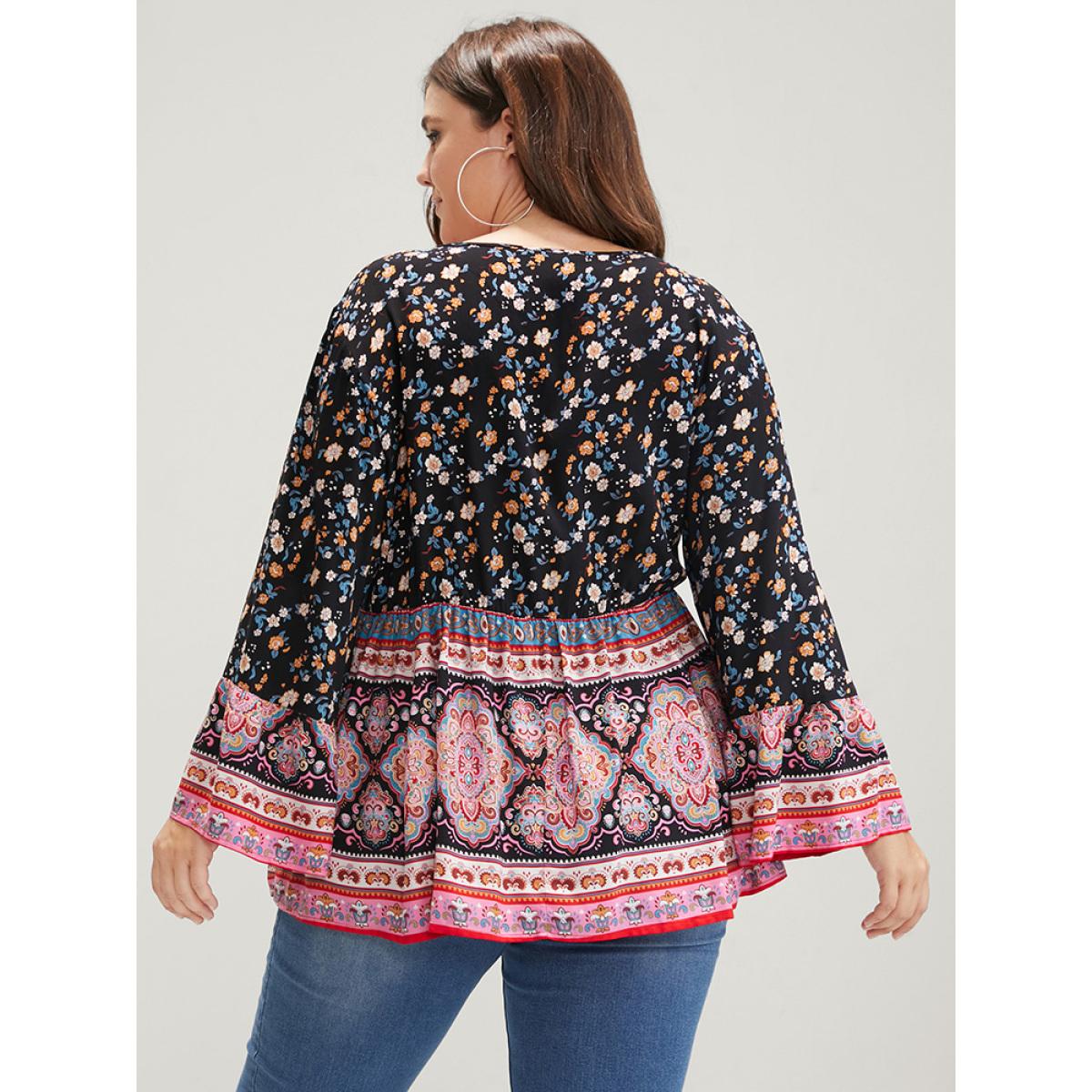 Floral Print Bohemian Plus Size Women Vocation Sundress Tribal Ties Bell Sleeve V Neck Casual Blouses BloomChic Product Image