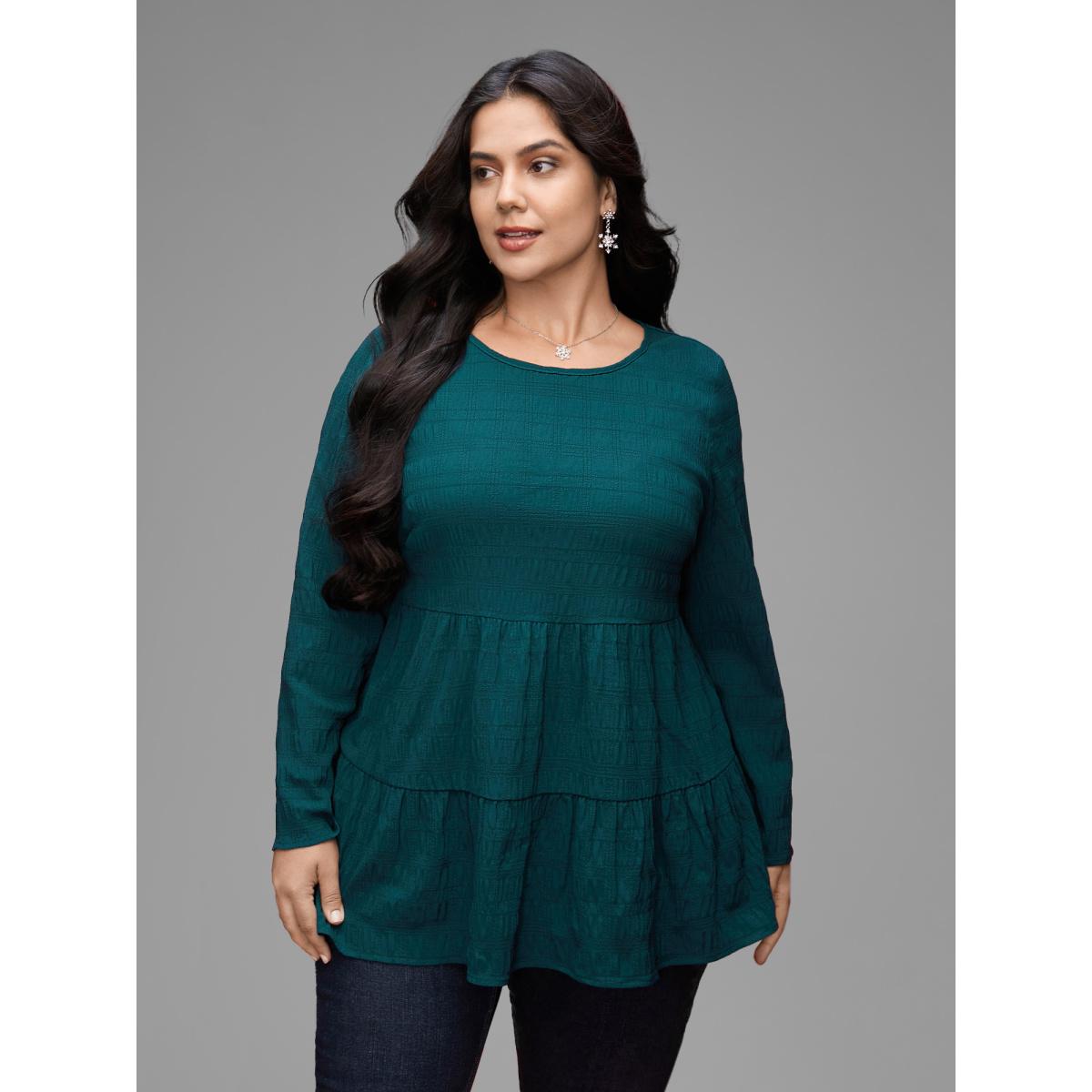 Plus Size Cyan Textured Round Neck Tiered Hem Blouse Women Casual Long Sleeve Round Neck Everyday Blouses BloomChic 28/5X Product Image