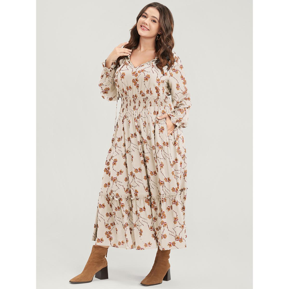 Plus Size Floral Lantern Sleeve Pocket Tie Neck Shirred Midi Dress Beige Women Elegant Pocket V-neck Long Sleeve Curvy Midi Dress BloomChic 10/M Product Image