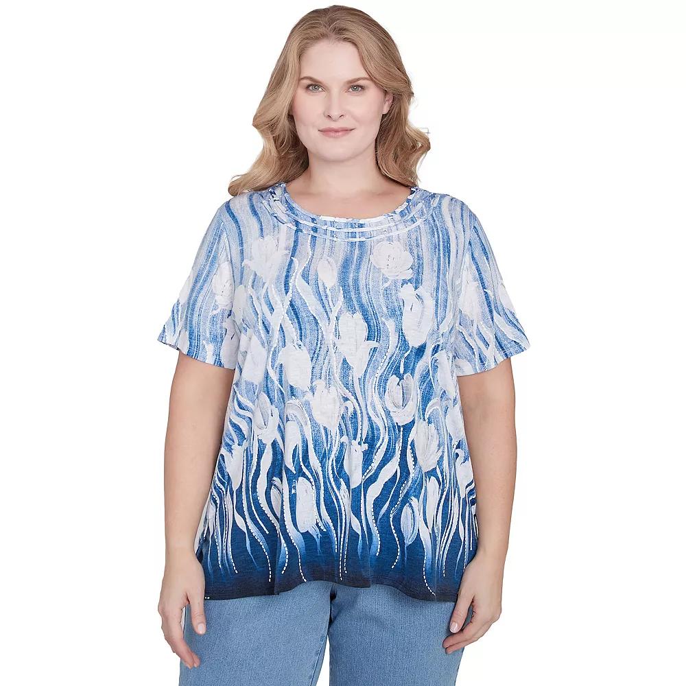 Plus Size Alfred Dunner Tulip Border Knotted Neckline Tee, Women's, Size: 2XL, Blue Product Image