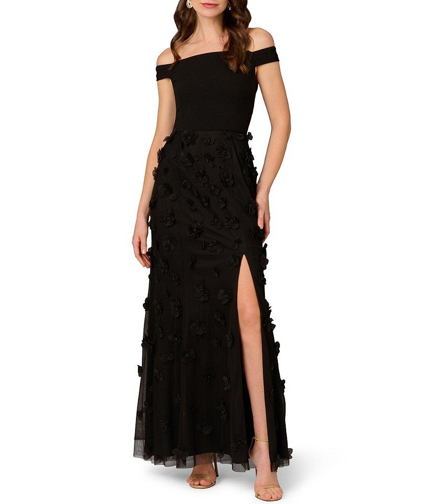Aidan Mattox Off The Shoulder 3D Floral Applique Mesh Sheath Gown Product Image