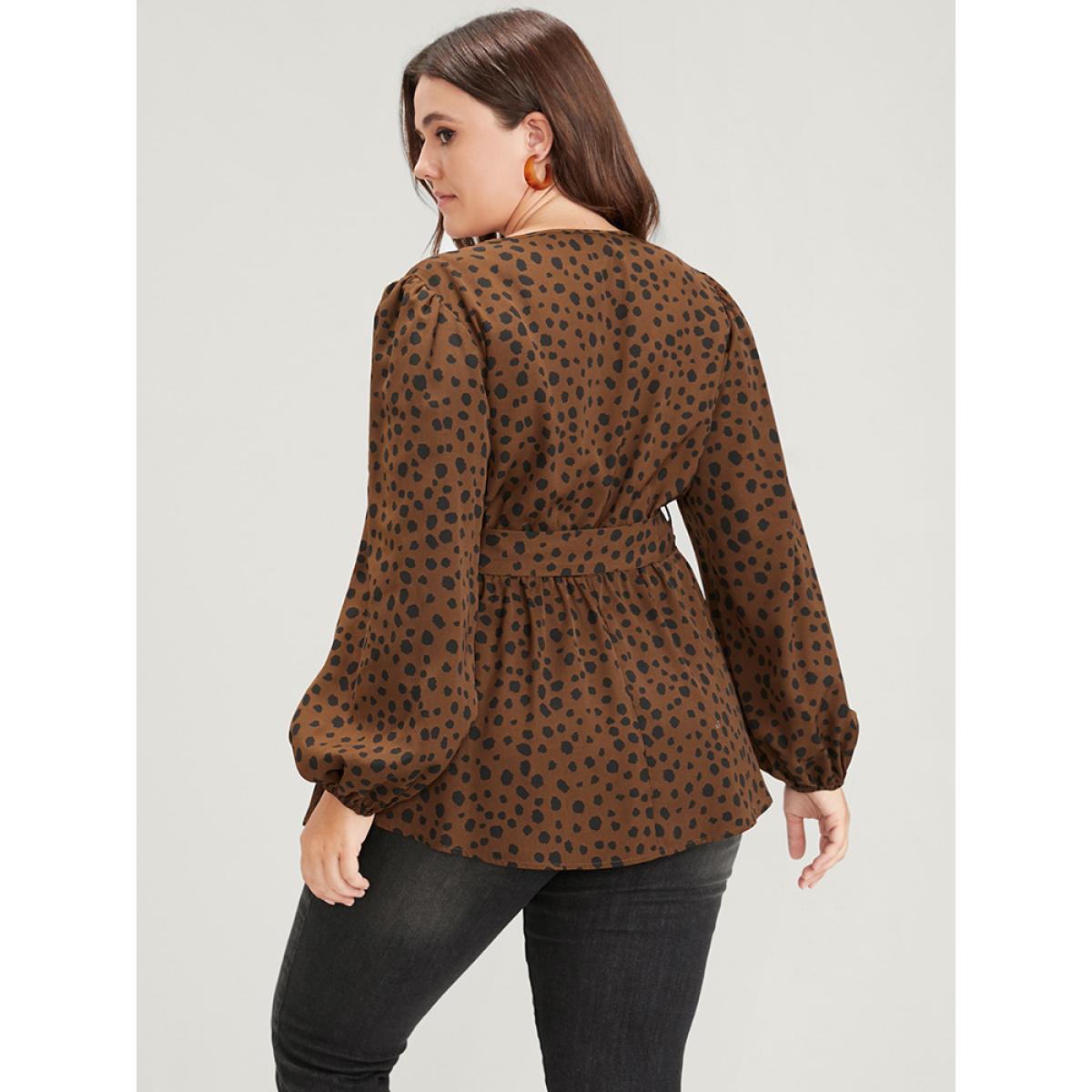 Plus Size Brown Polka Dot Lantern Sleeve Belted Wrap Blouse Women Elegant Long Sleeve V-neck Dailywear Blouses BloomChic 22-24/3X Product Image