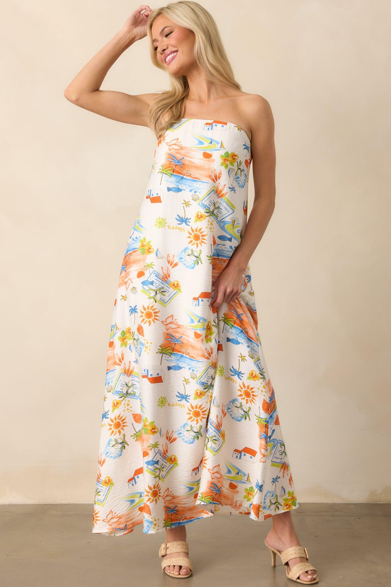 Try To Change It Up Orange Tropical Print Strapless Maxi Dress Product Image