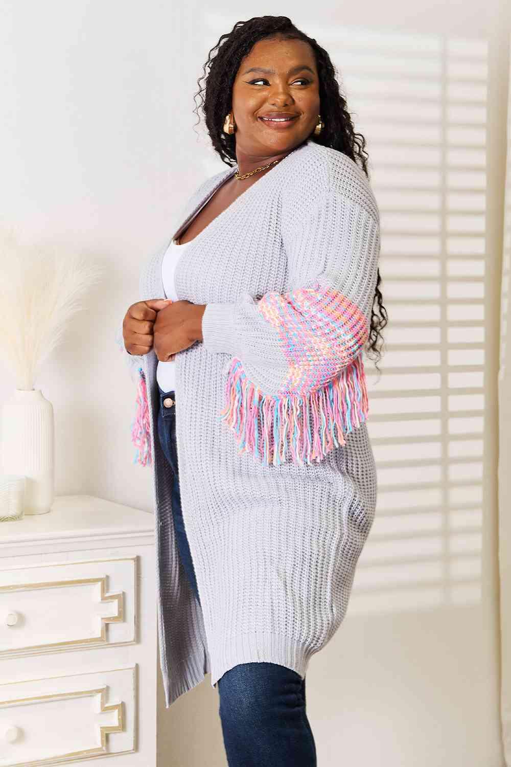 Woven Right Fringe Sleeve Dropped Shoulder Cardigan Product Image