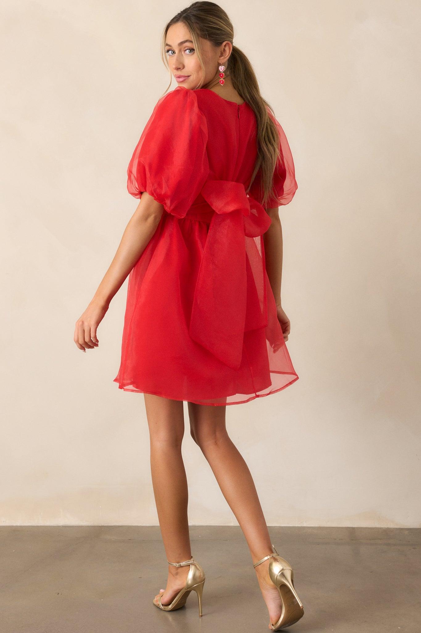 Another Kiss Red Puff Sleeve Mini Dress Product Image