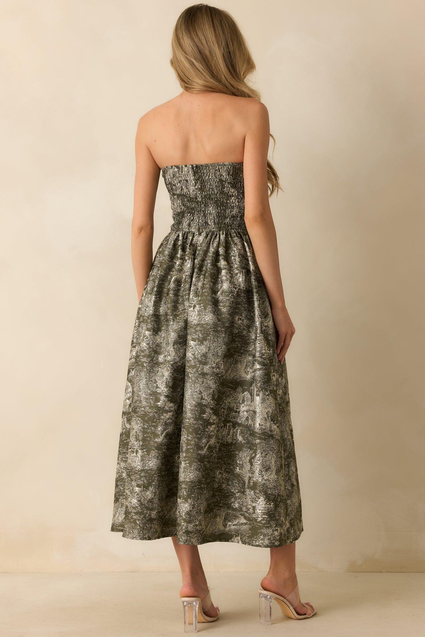 The Genevieve Olive Storybook Toile Jacquard Strapless Midi Dress Product Image