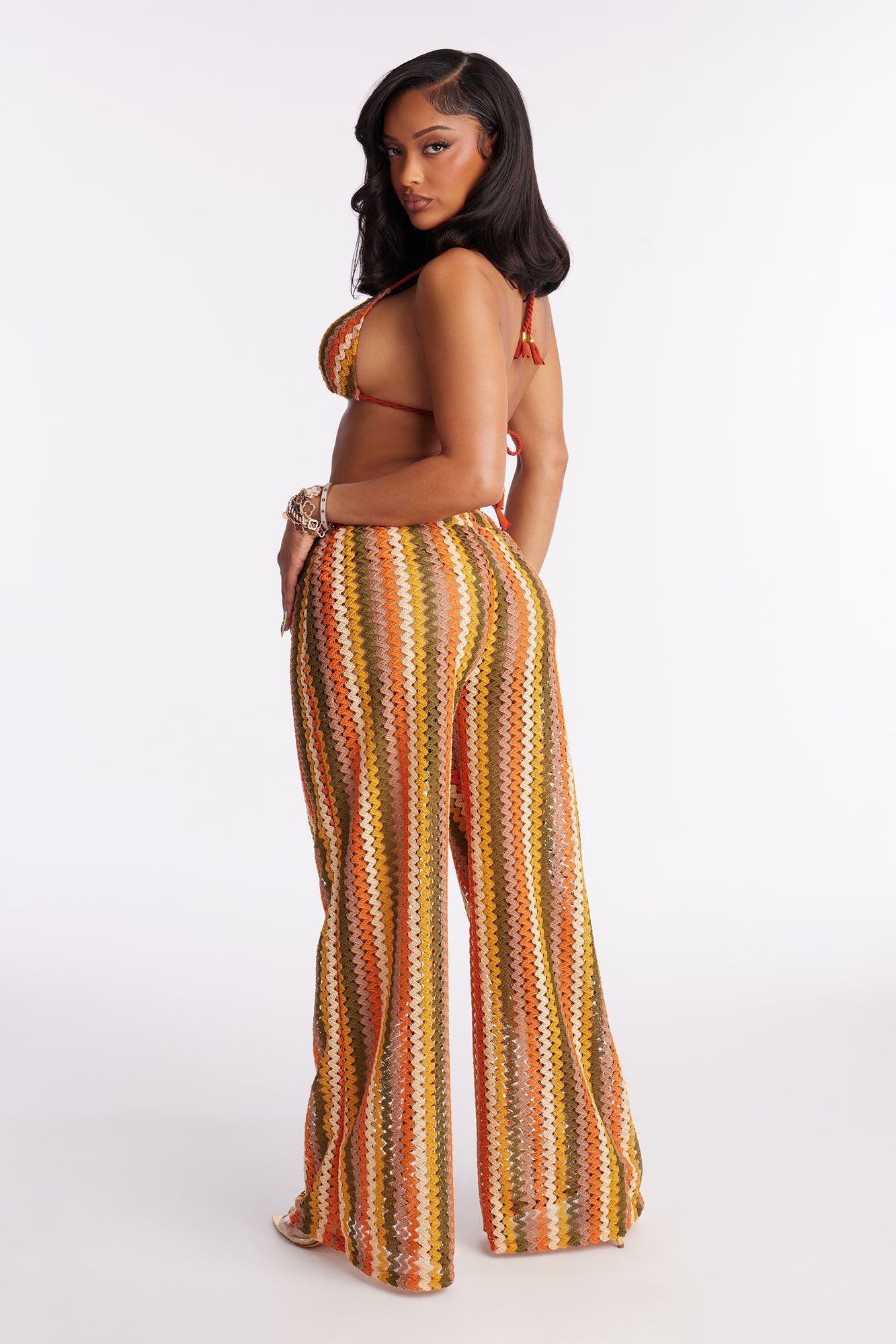 Cassandra Crochet 3 Piece Bikini & Pants Set - Orange/combo Female Product Image