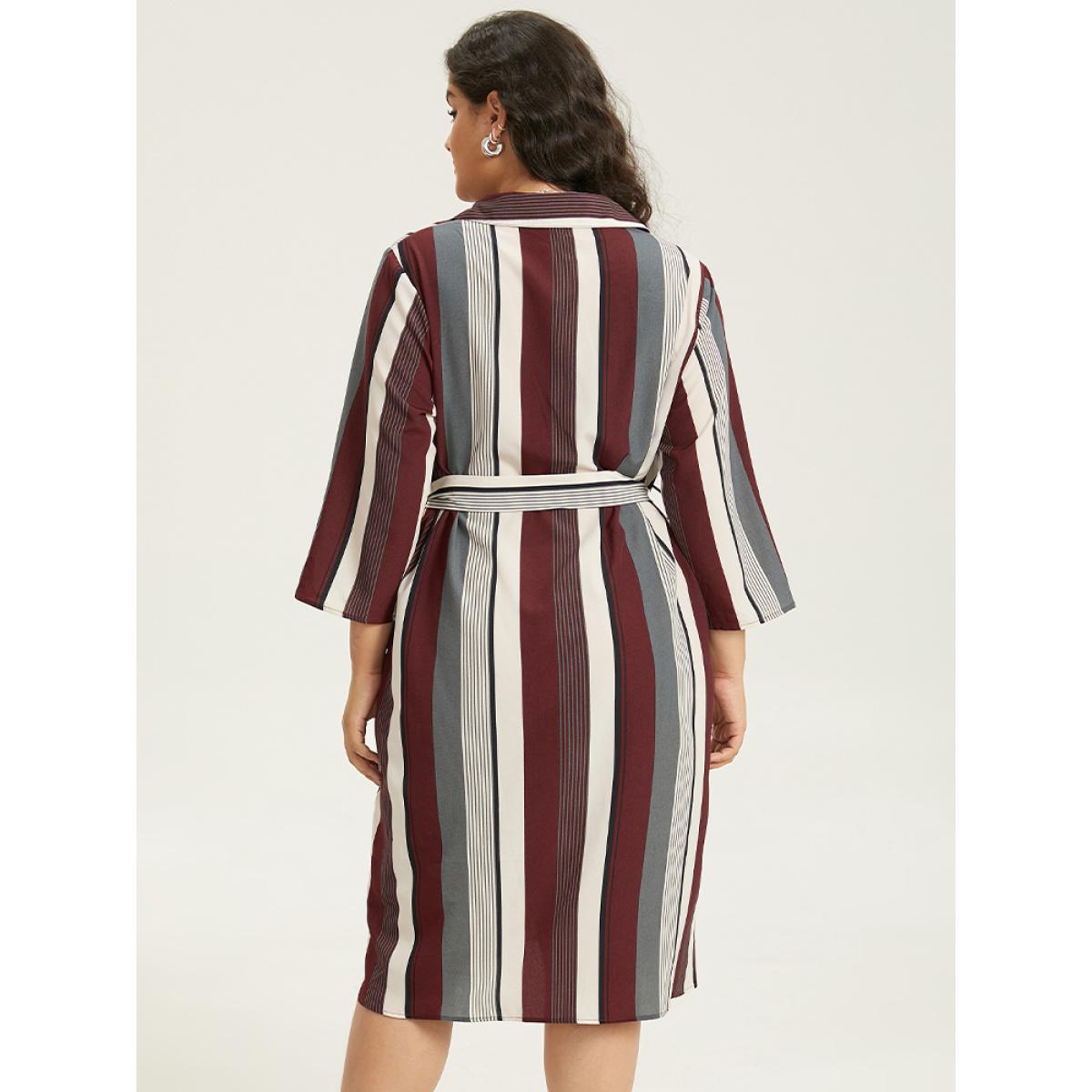 Plus Size Striped Contrast Pocket Button Through Belted Shirt Collar Dress Multicolor Women Work From Home Belted Shirt collar Elbow-length sleeve Curvy Midi Dress BloomChic 30/6X Product Image