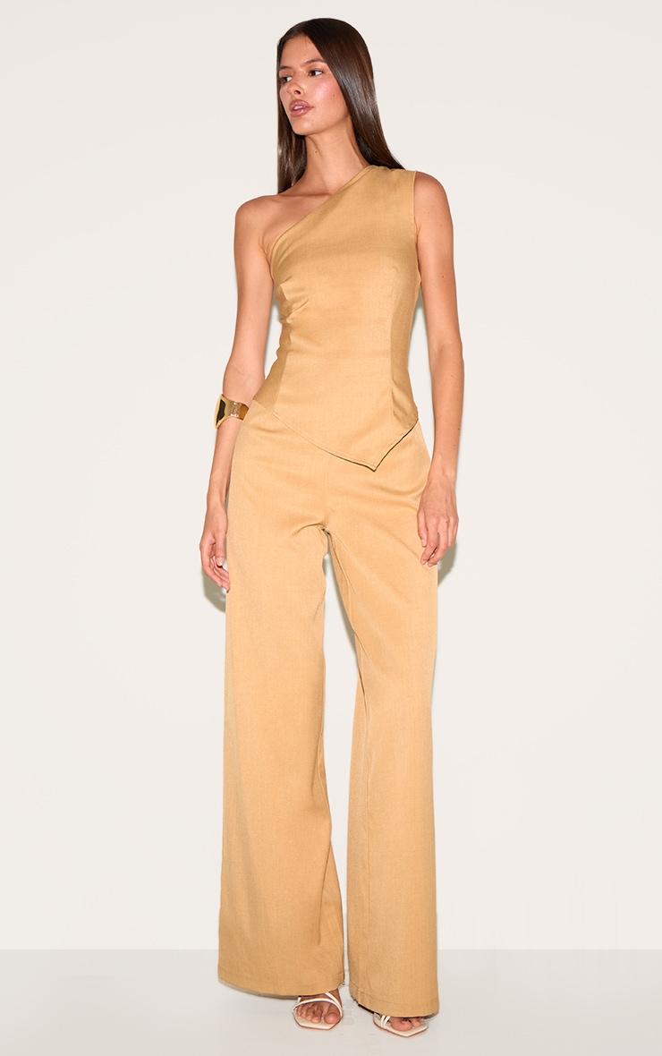 Sand Woven One Shoulder Wide Leg Jumpsuit Product Image