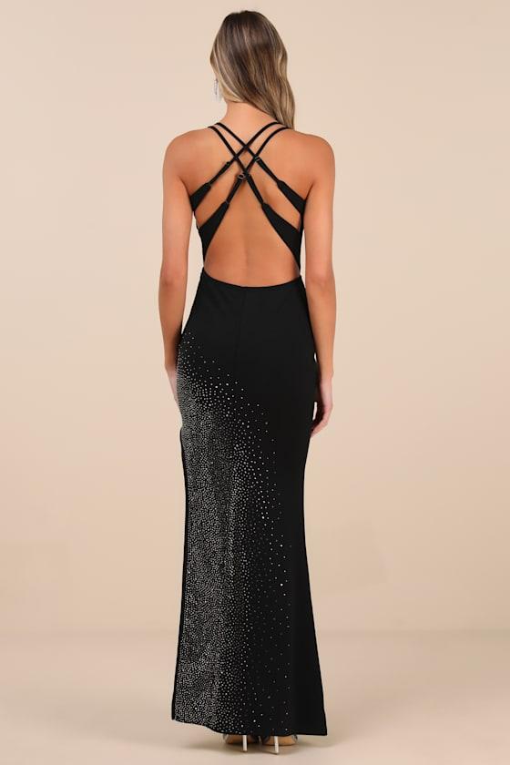 Fareeda Black Rhinestone Backless Mermaid Maxi Dress Product Image