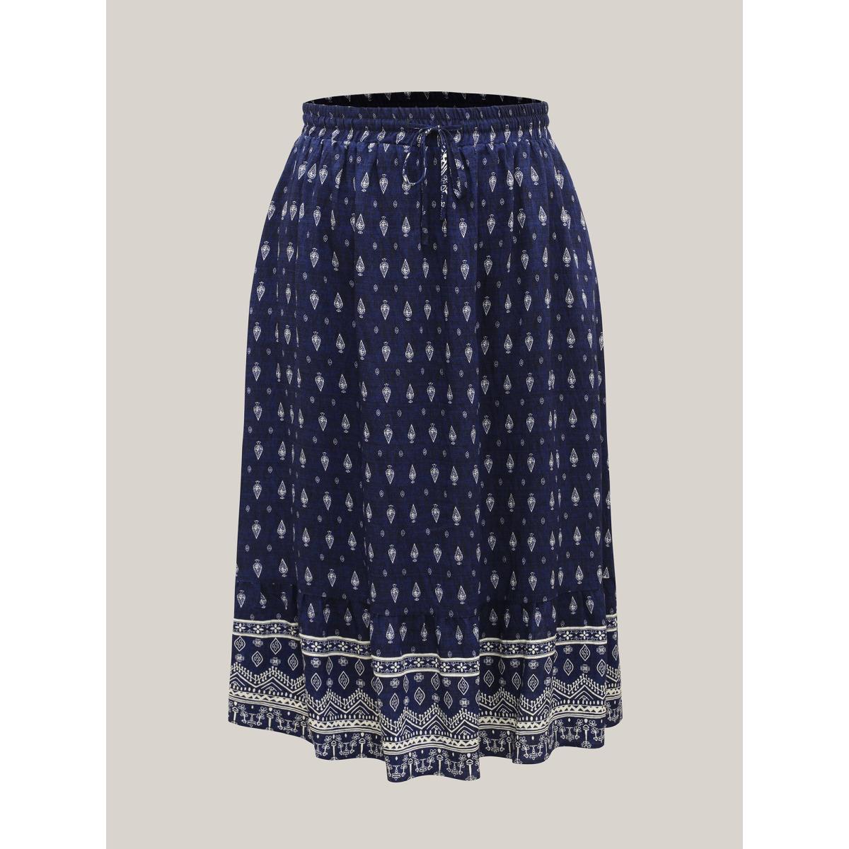 Plus Size Boho Print Pleated Drawstring Midi Skirt Women Indigo Resort Drawstring No stretch Slanted pocket Vacation Skirts BloomChic 18-20/2X Product Image